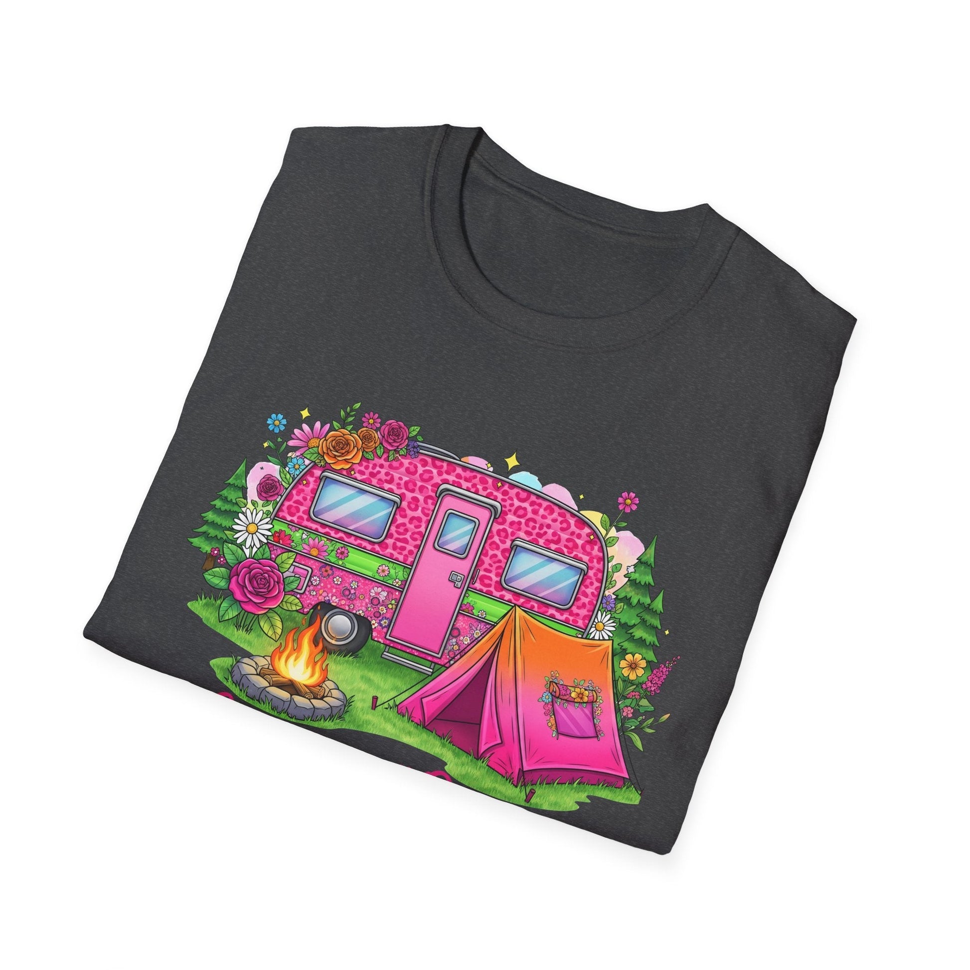 Camping Queen T-Shirt with colorful camper and tent graphic on black fabric, casual unisex outdoor wear