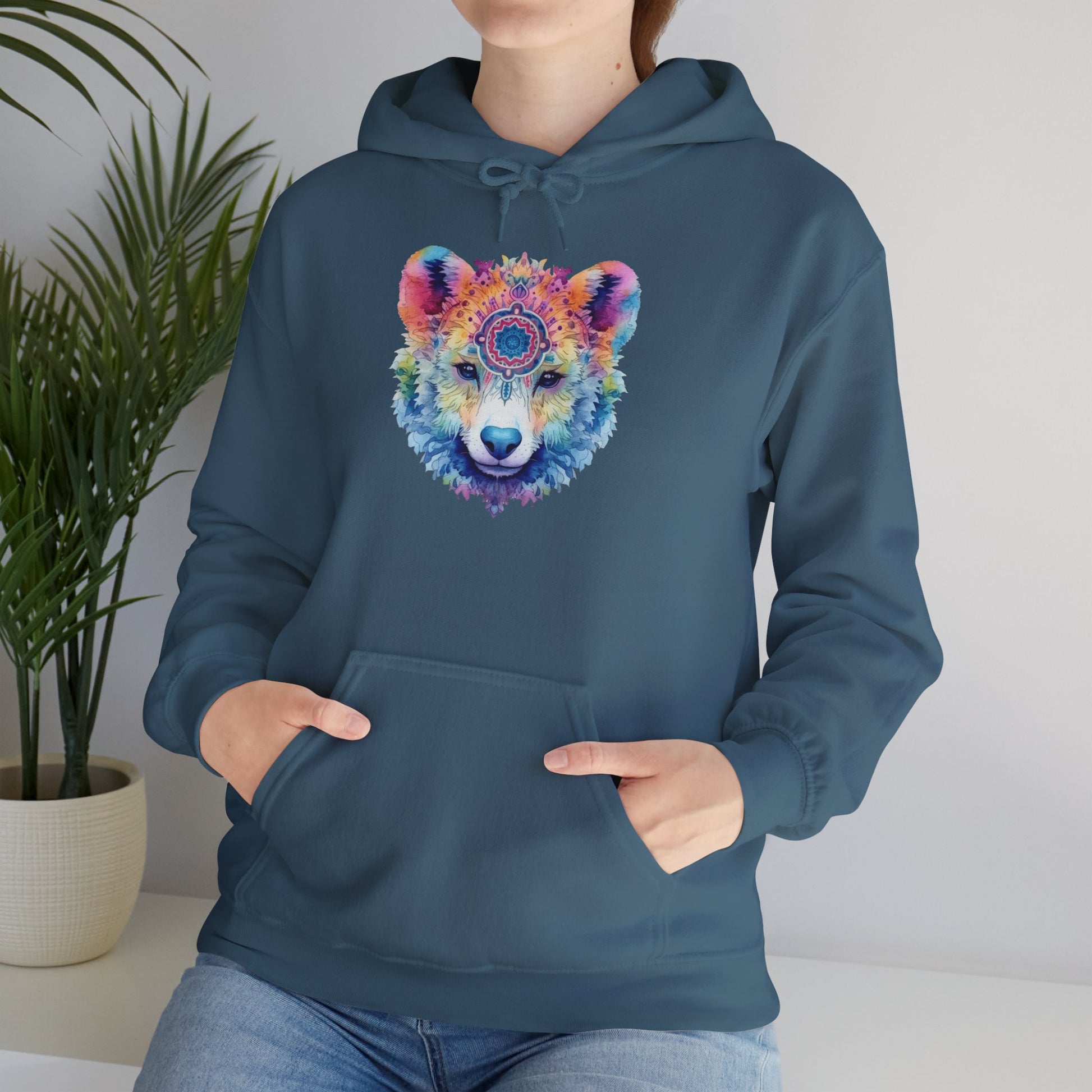 Mandala Bear Hoodie – Vibrant Watercolor Animal Art Sweatshirt for Bold, Free-Spirited Souls