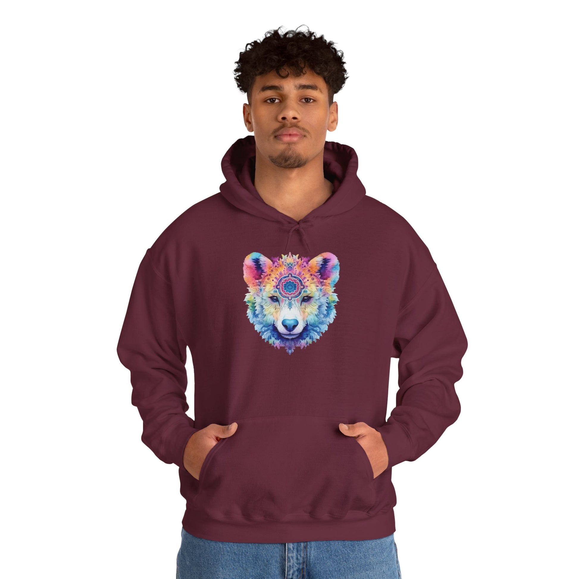 Mandala Bear Hoodie – Vibrant Watercolor Animal Art Sweatshirt for Bold, Free-Spirited Souls