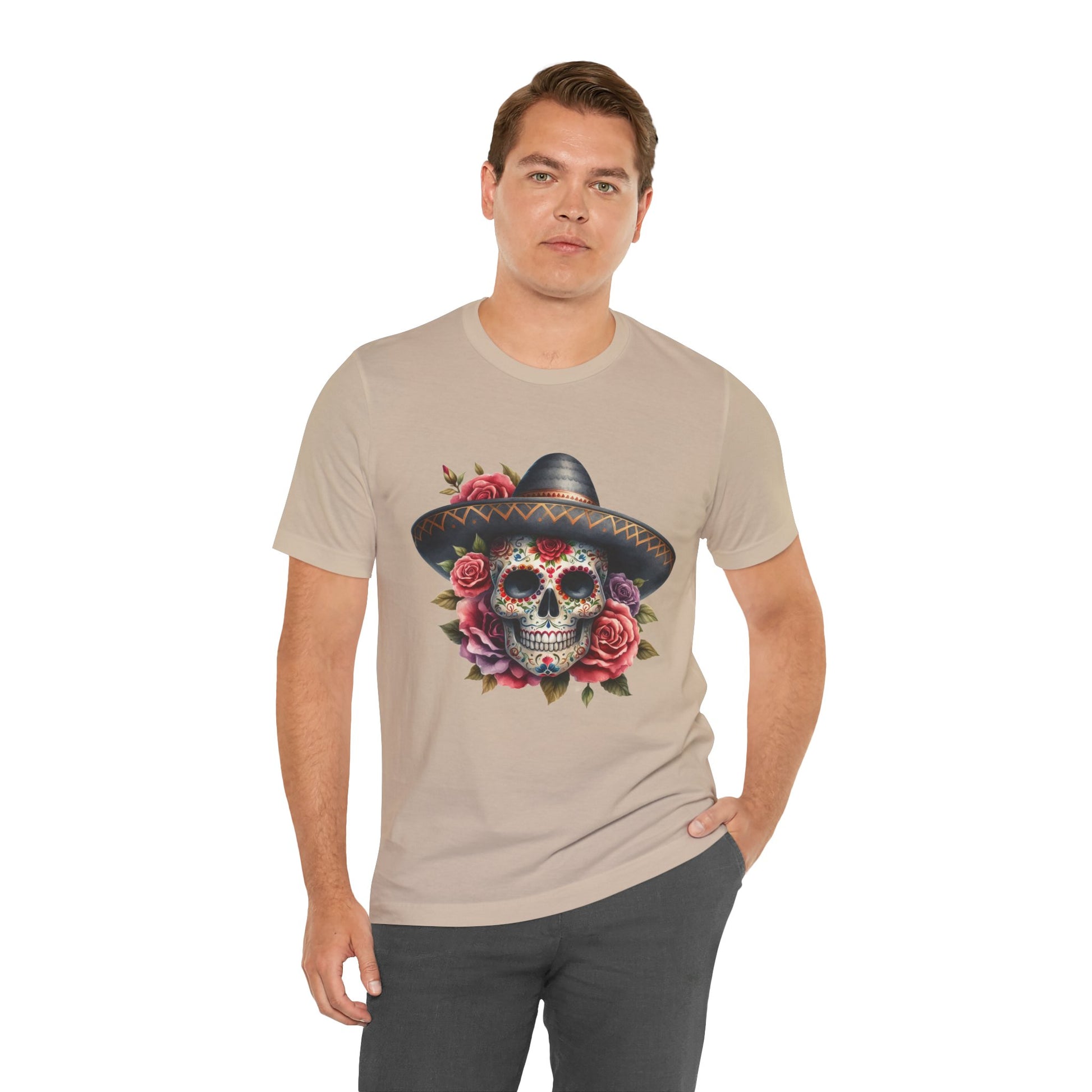 Colorful tee featuring a sugar skull in sombrero and roses for vibrant fiesta vibes