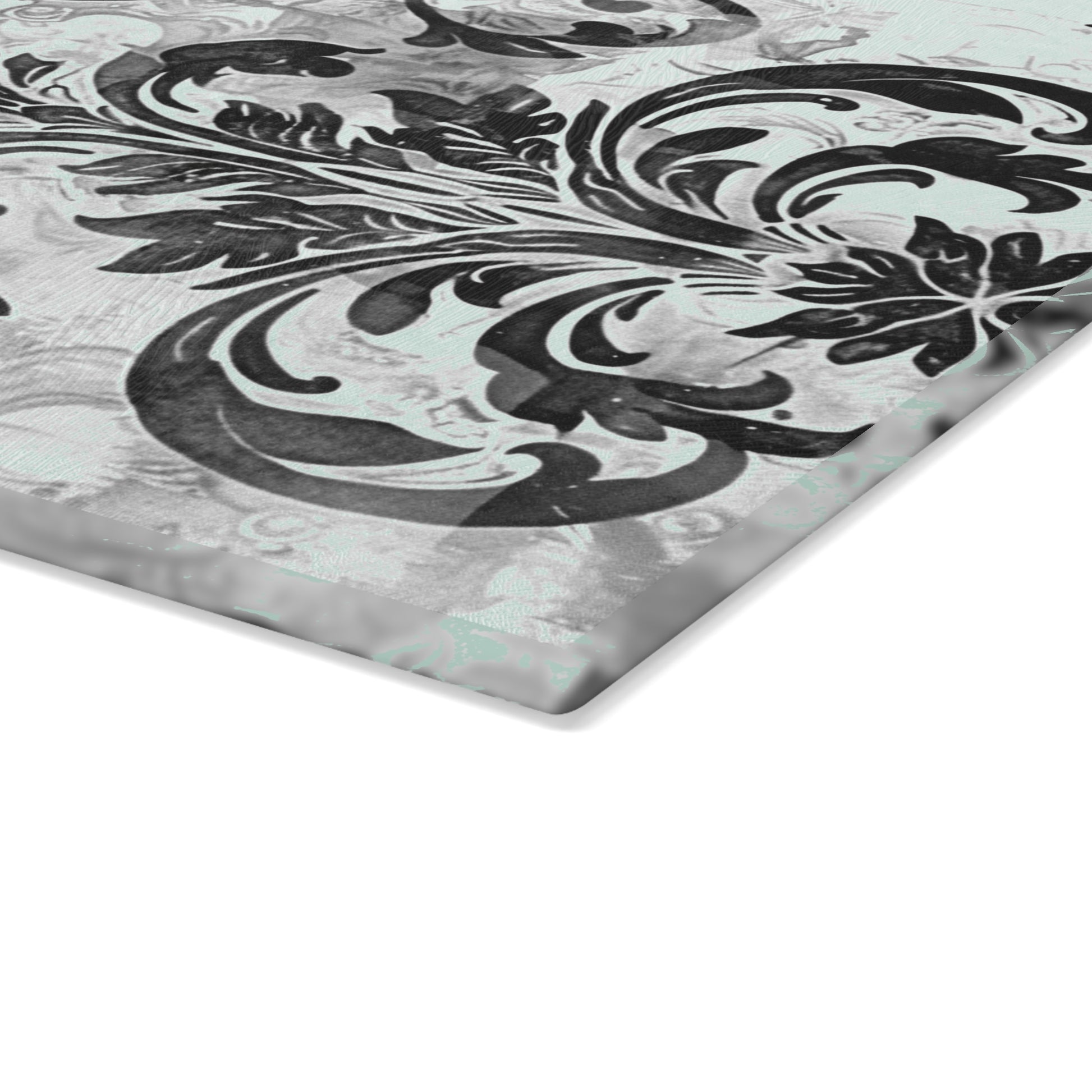 Mint and Gray Baroque Glass Cutting Board with Black Flourish Pattern