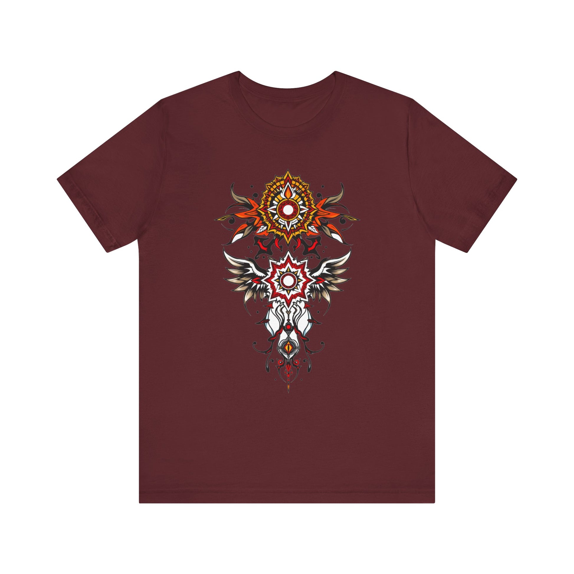 Turn heads in this tee, available in vibrant colors, showcasing a fiery red and gold tribal mandala for bold, artistic style