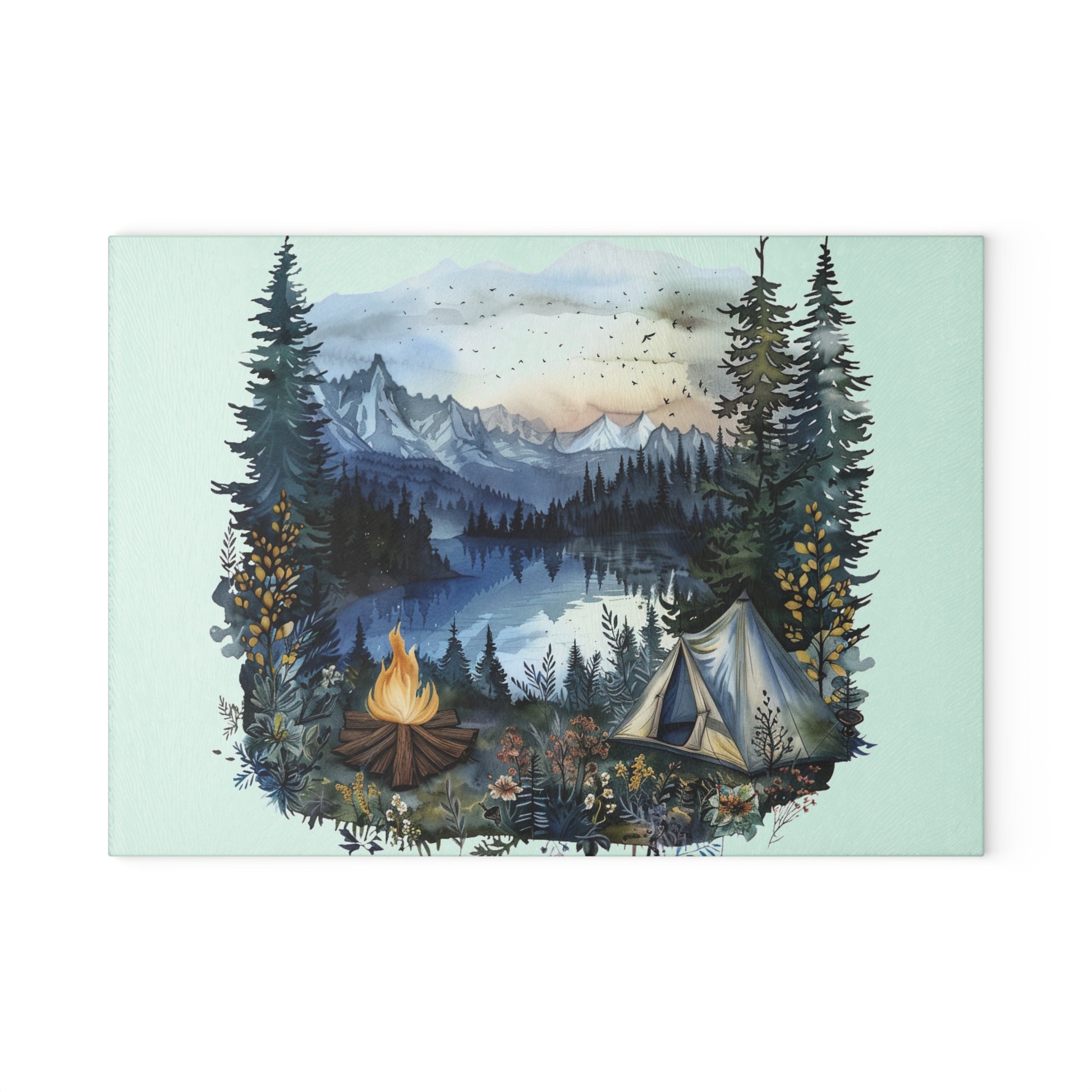 Blue Forest Campfire Cutting Board – Scenic Mountain Lake Kitchen Decor