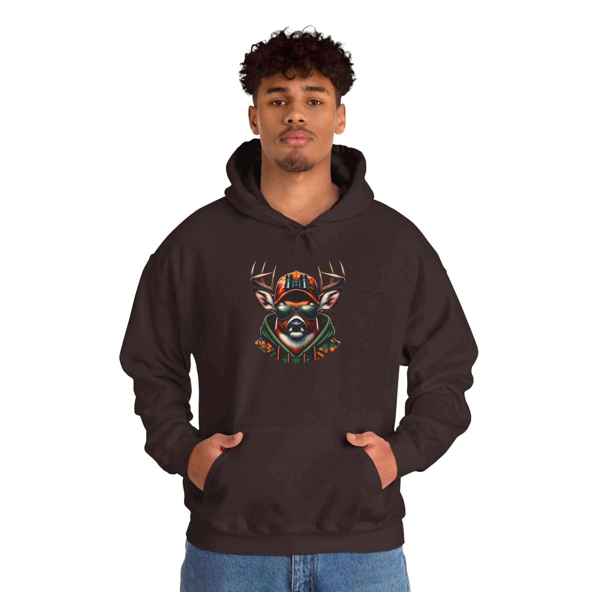 Man wearing black hooded sweatshirt with bold deer graphic design on front and kangaroo pocket