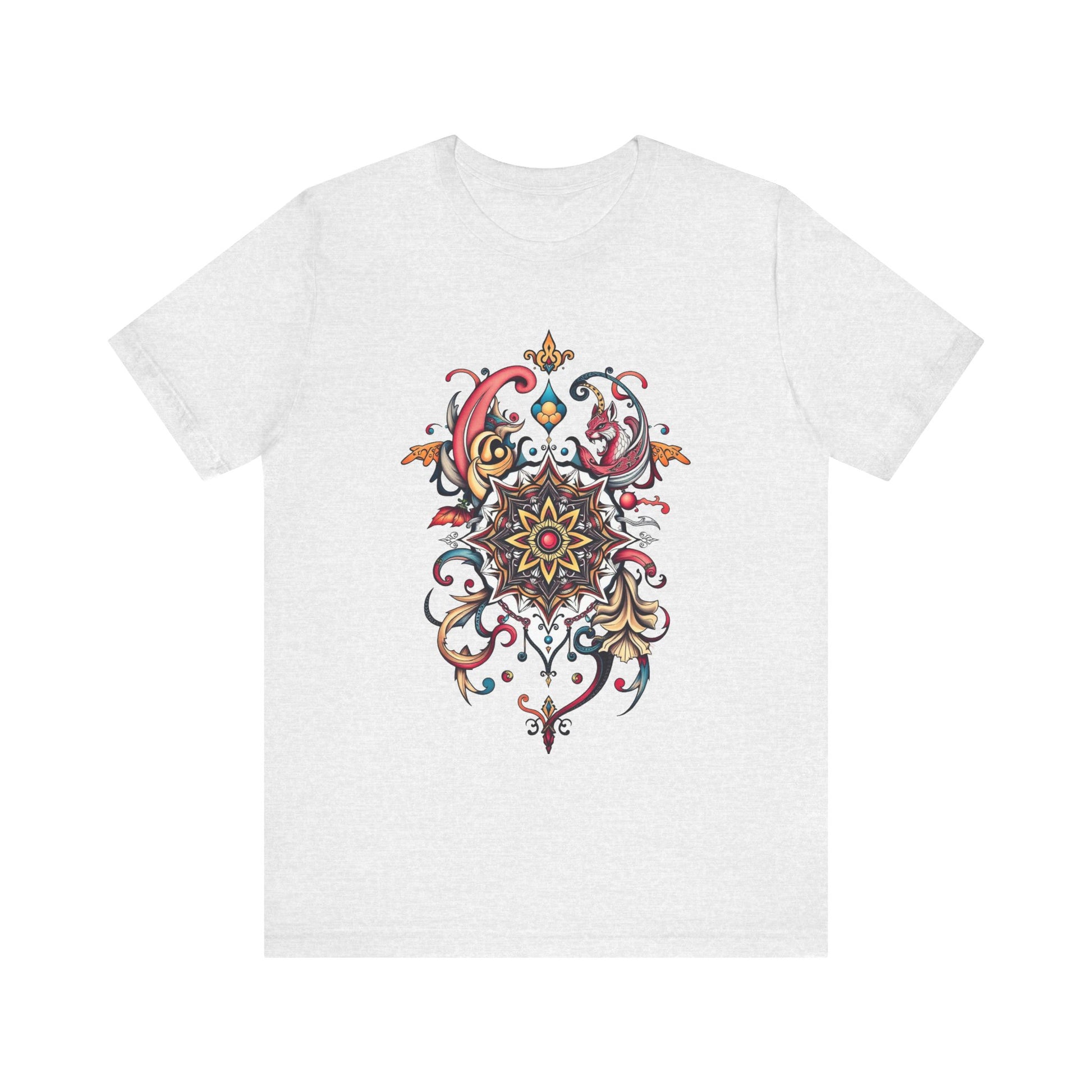 Vibrant tee with swirling mandala in reds, golds, and teal, available in many colors