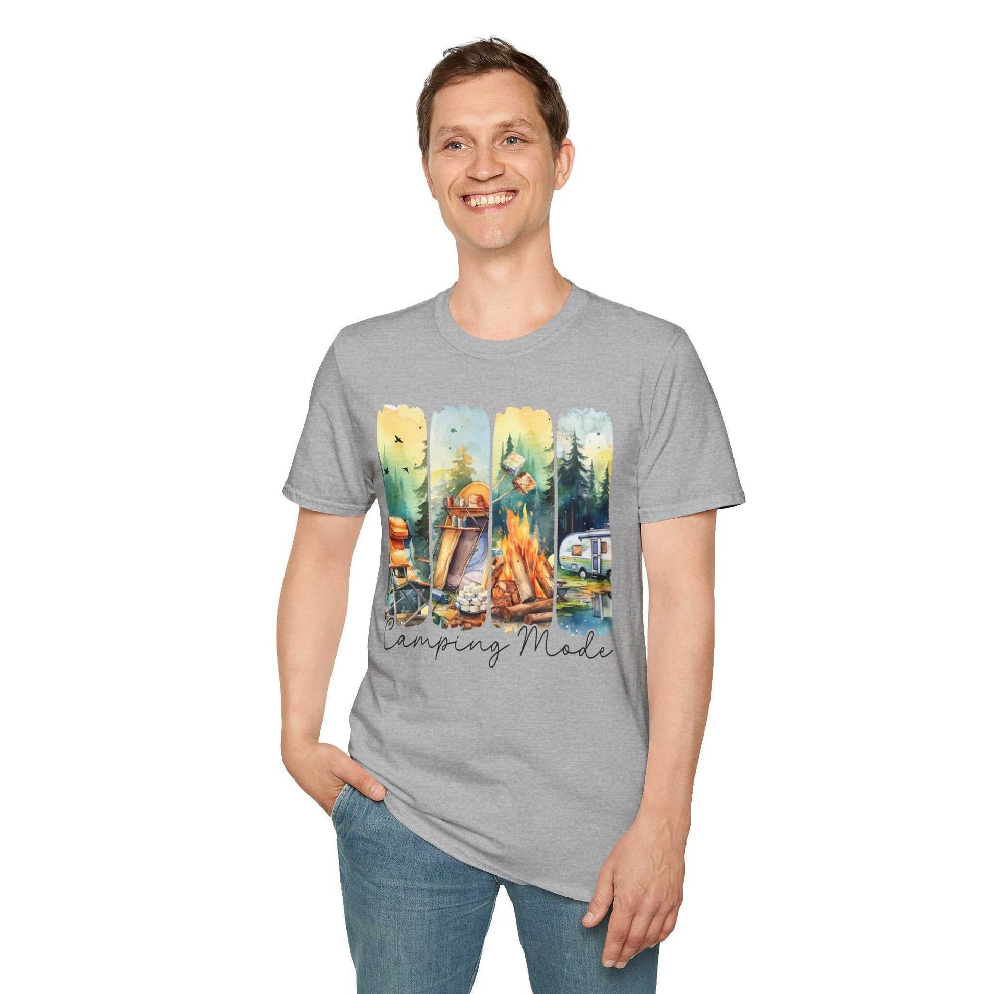 Man wearing a grey Camping Adventure Unisex T-Shirt with colorful camping-themed design and "Camping Made" text