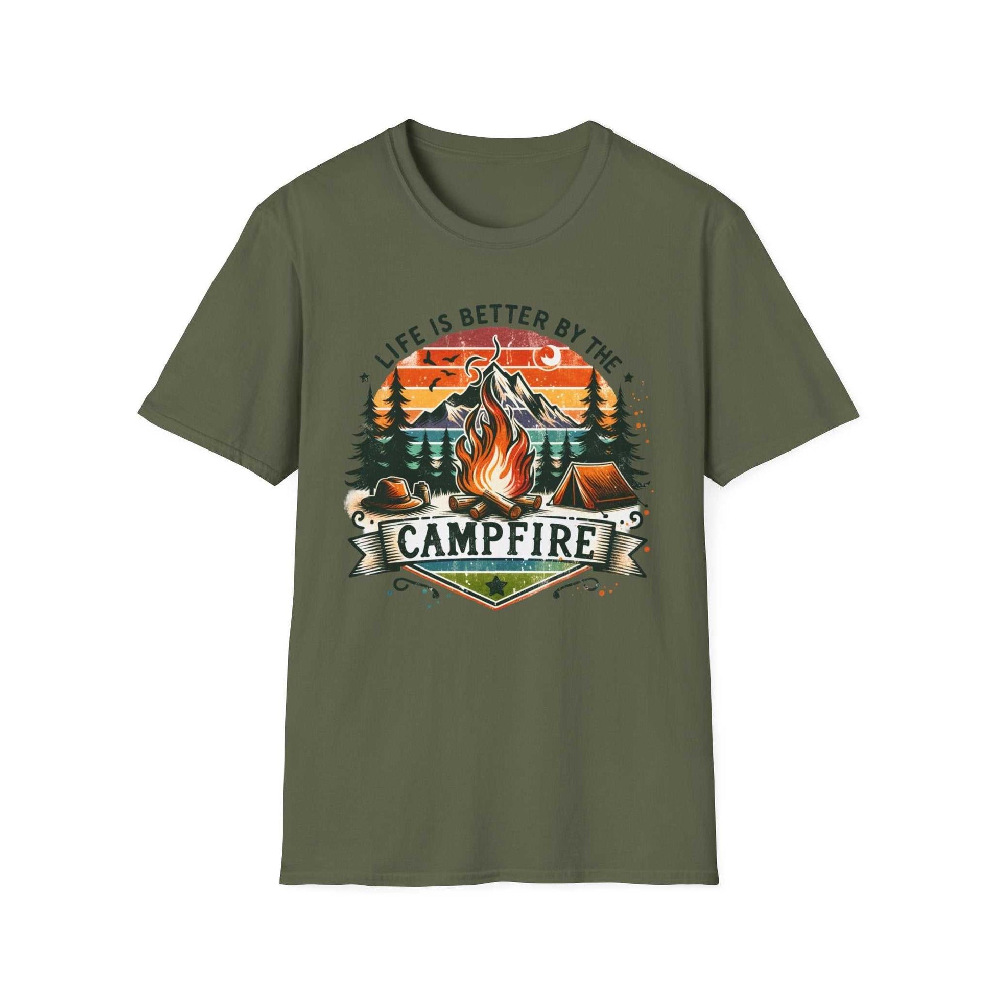 Camping Adventure Unisex T-Shirt in olive green with campfire graphic and "Life is Better by the Campfire" text