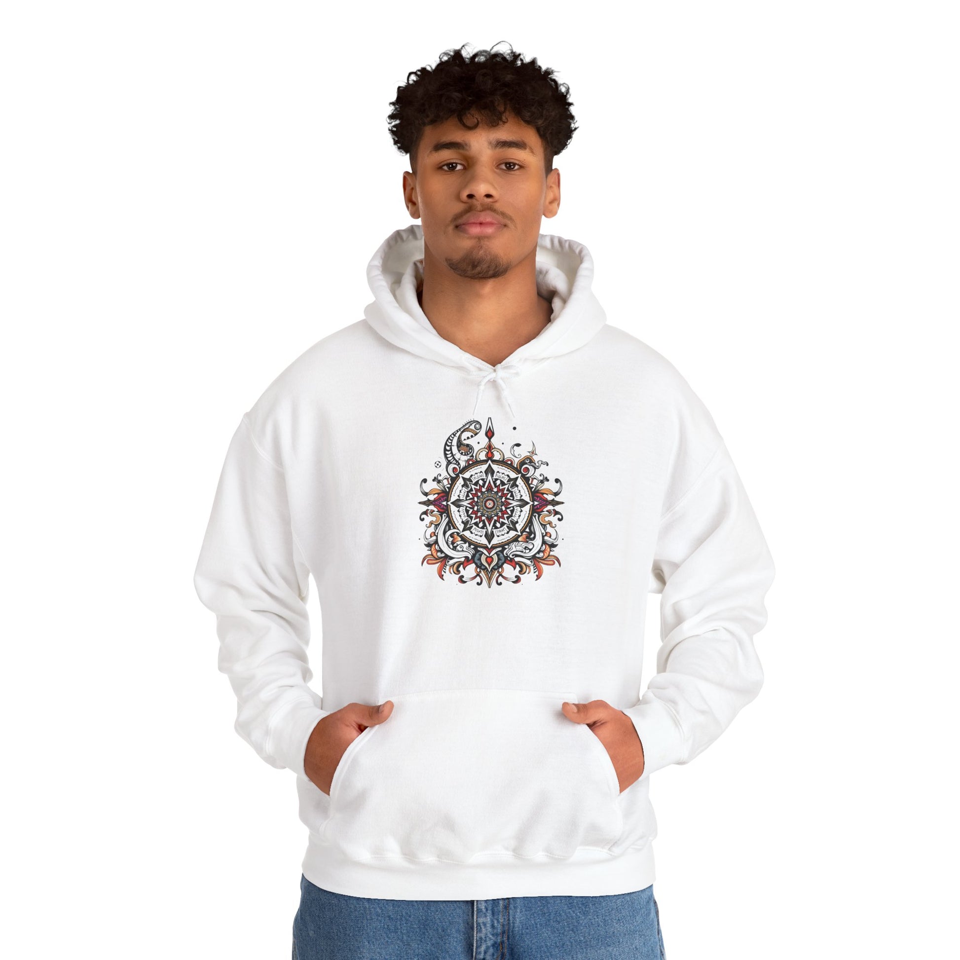 Cozy hoodie featuring a striking black, red, and white mandala, offered in vibrant color choices