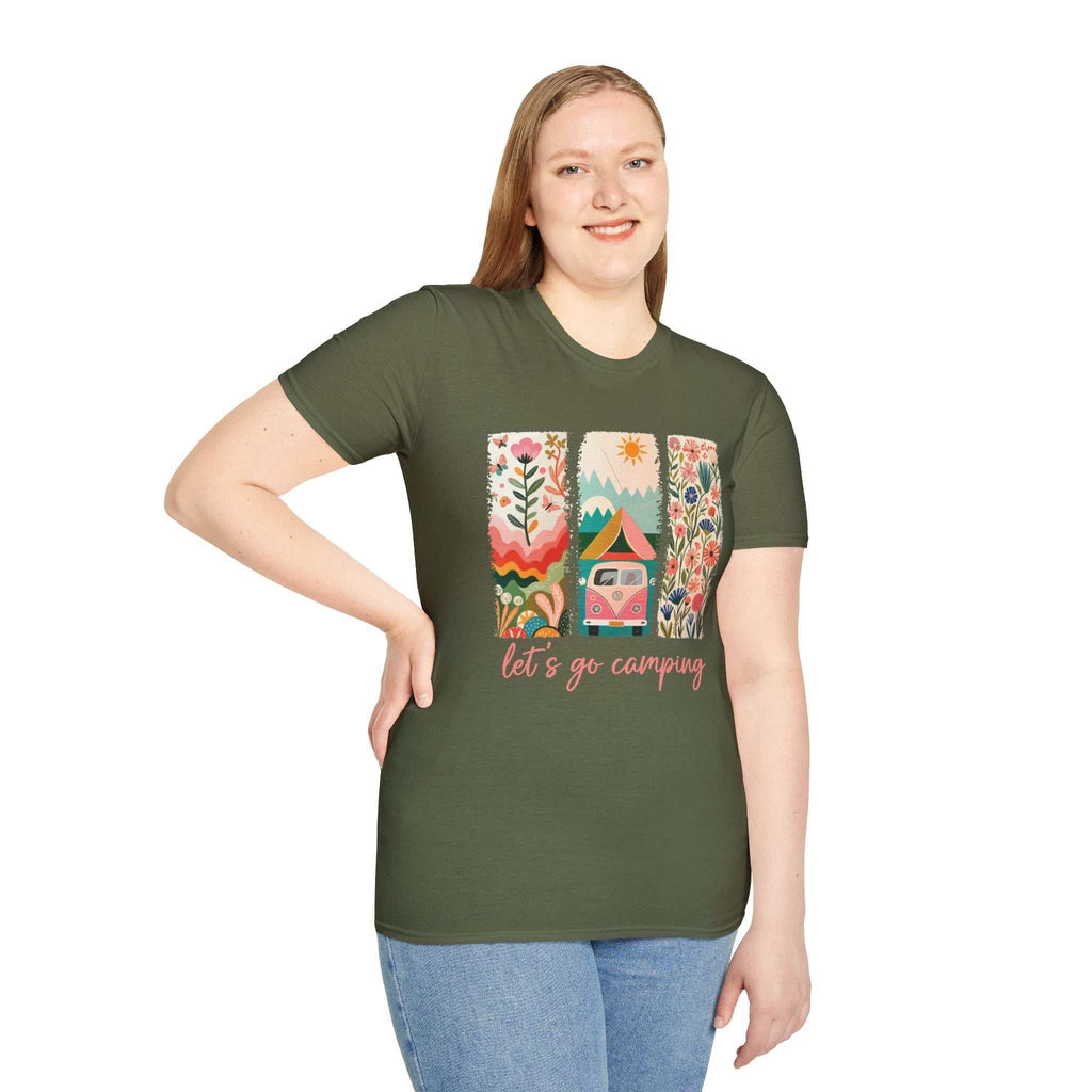 Unisex olive green softstyle t-shirt with colorful camping adventure print and "let's go camping" text, modeled by smiling woman