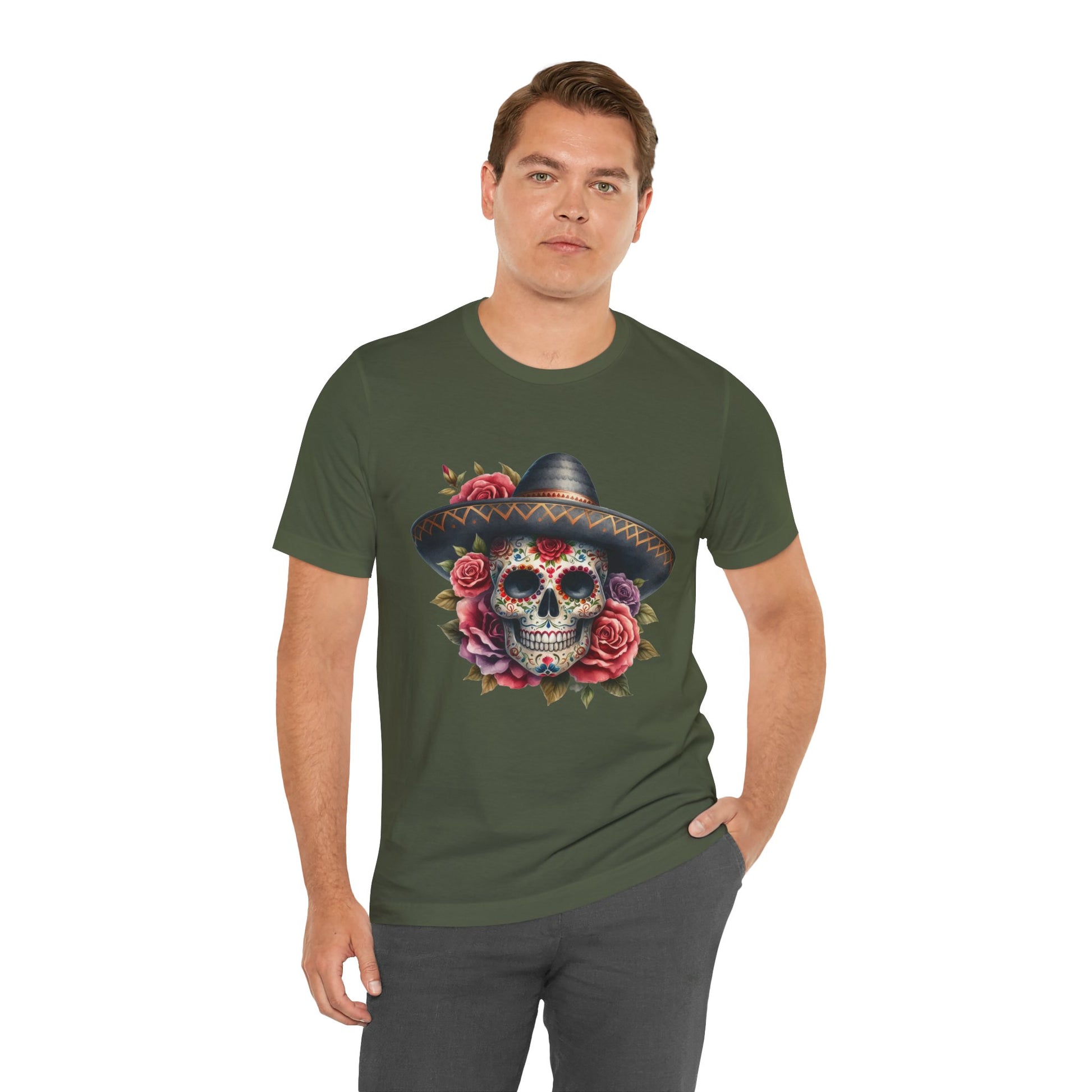 Colorful tee featuring a sugar skull in sombrero and roses for vibrant fiesta vibes