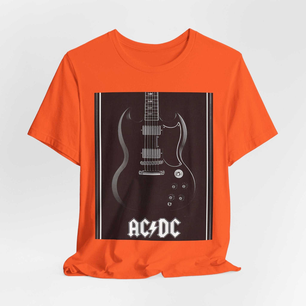 Orange Unisex Rock Guitar Graphic Tee featuring black electric guitar and AC/DC logo design
