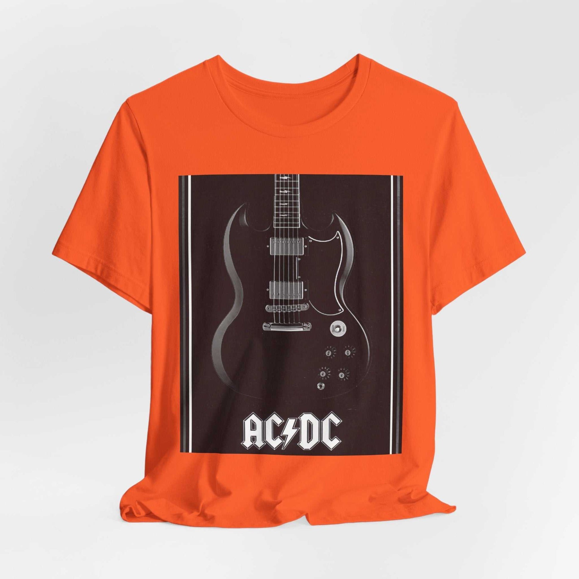 Orange Unisex Rock Guitar Graphic Tee featuring black electric guitar and AC/DC logo design