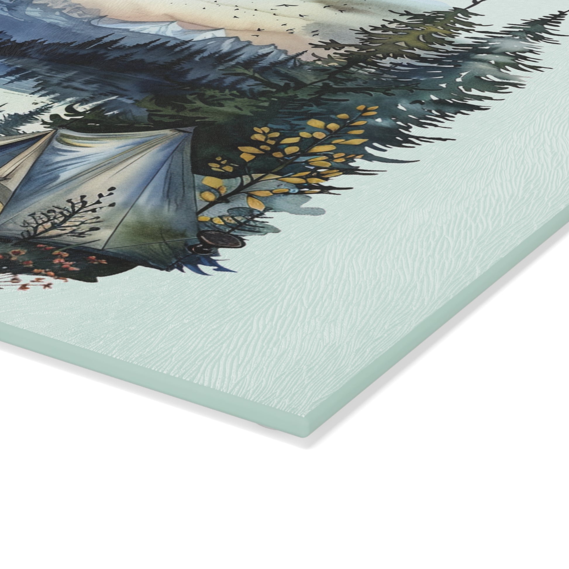 Blue Forest Campfire Cutting Board – Scenic Mountain Lake Kitchen Decor