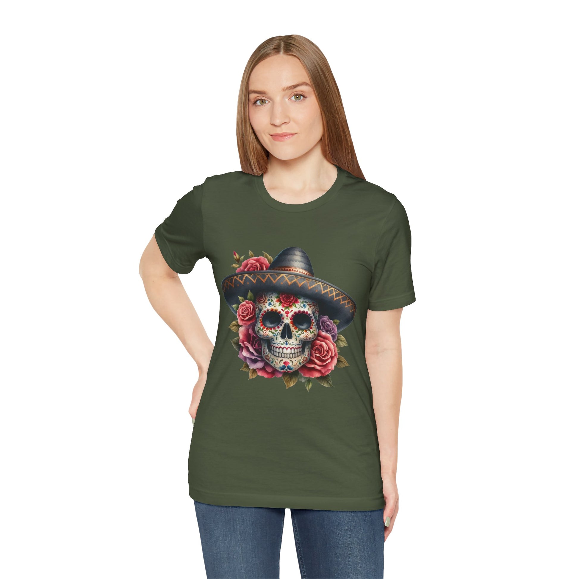 Colorful tee featuring a sugar skull in sombrero and roses for vibrant fiesta vibes