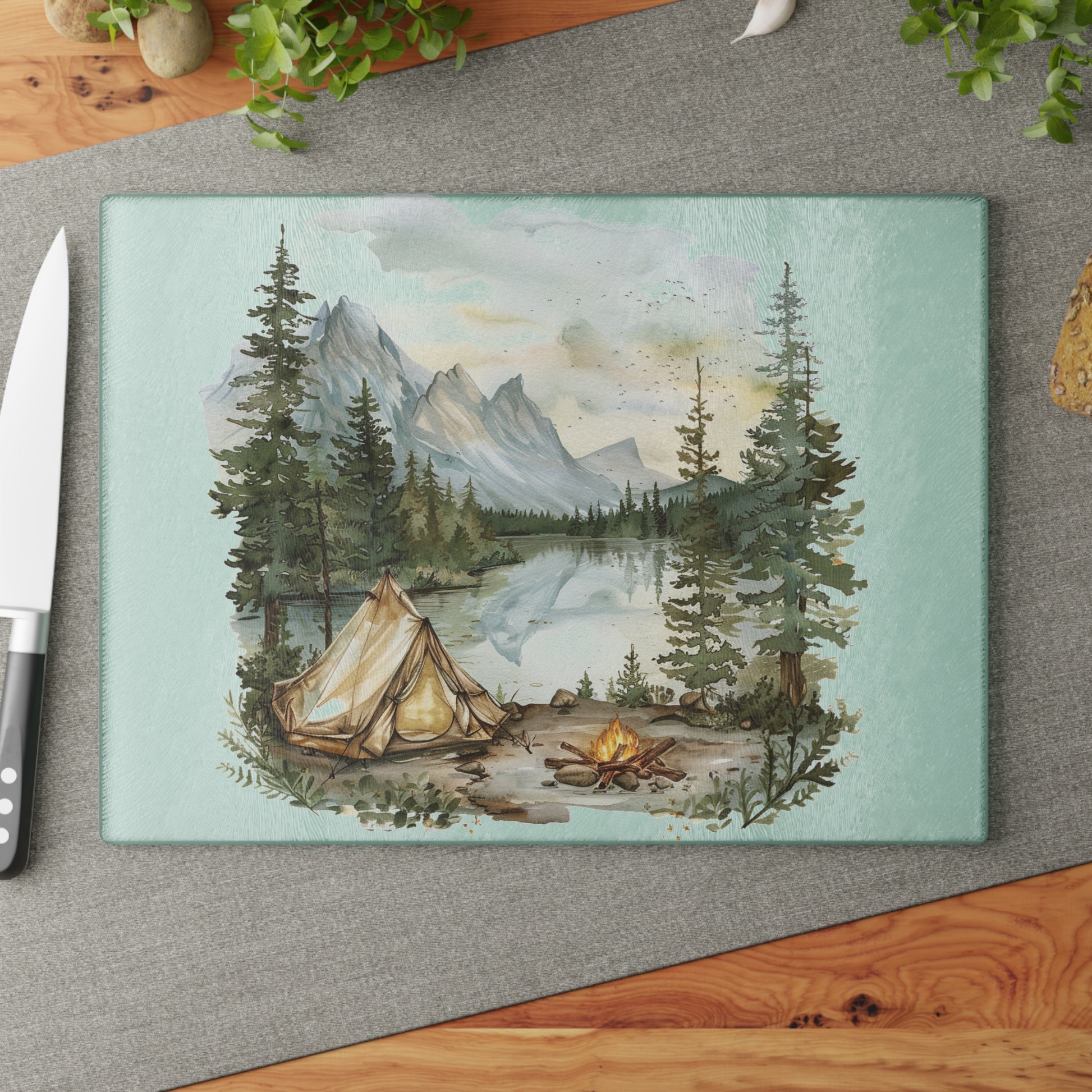 Mountain Lake Camp Scene Cutting Board – Rustic Wilderness Kitchen Decor