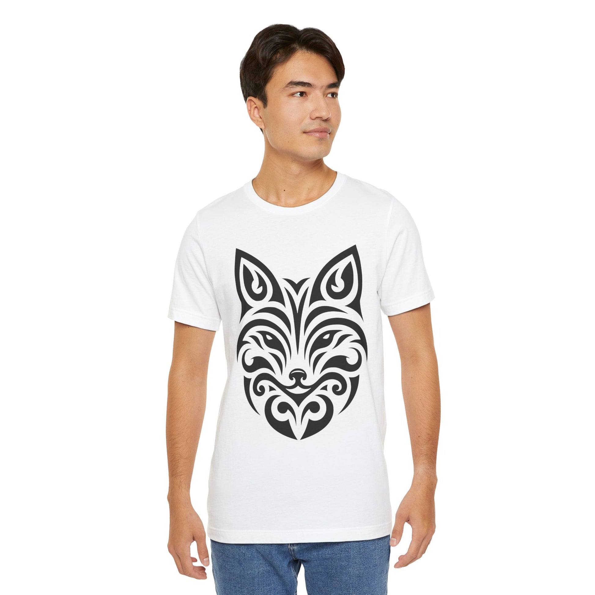 Sleek tee with a bold black tribal fox design, offered in multiple color choices