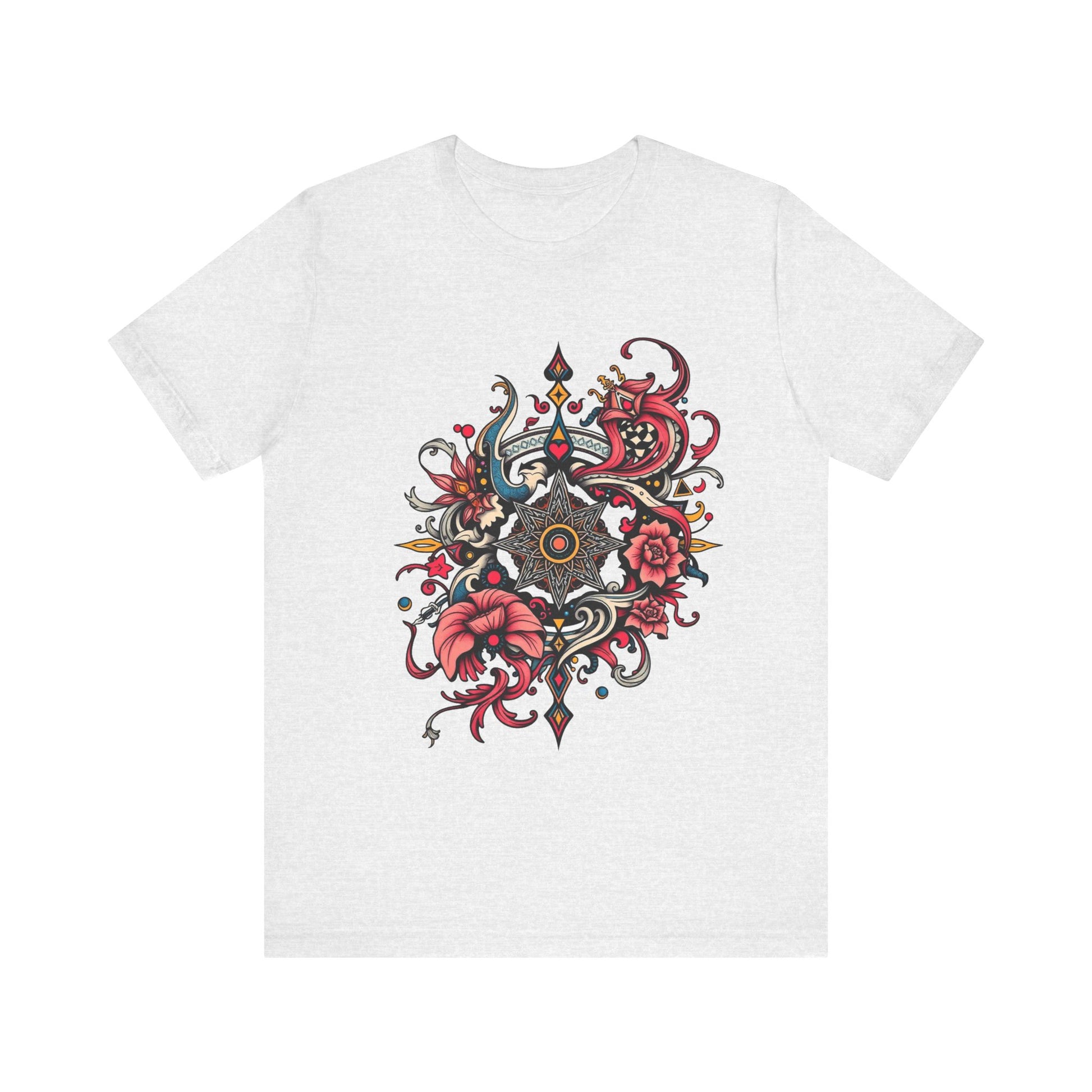Vibrant tee with ornate red floral mandala design, offered in multiple bold color options