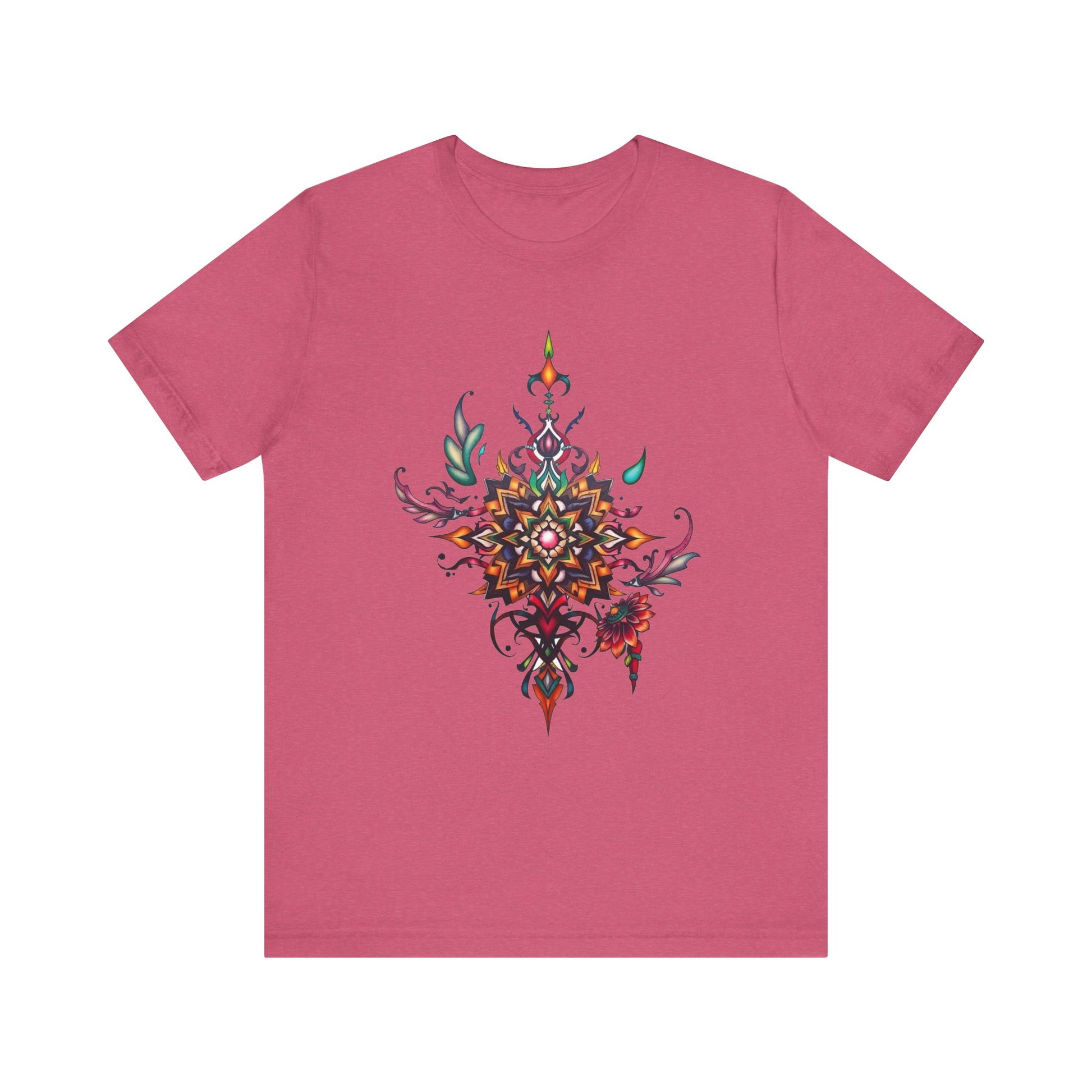 Colorful tee with an ornate mandala and floral design, available in vibrant color options