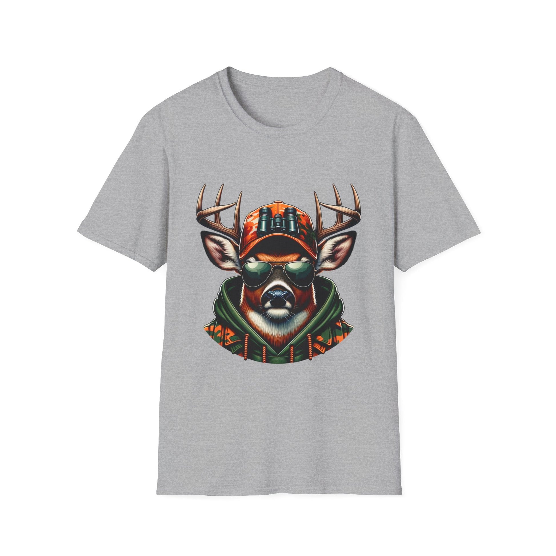 Grey Hunting Enthusiast T-Shirt featuring a deer wearing sunglasses and a camo hoodie with binoculars on its head.