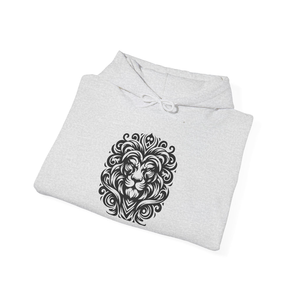 Majestic Tribal Lion Hoodie – Bold Strength in Black Ink Art