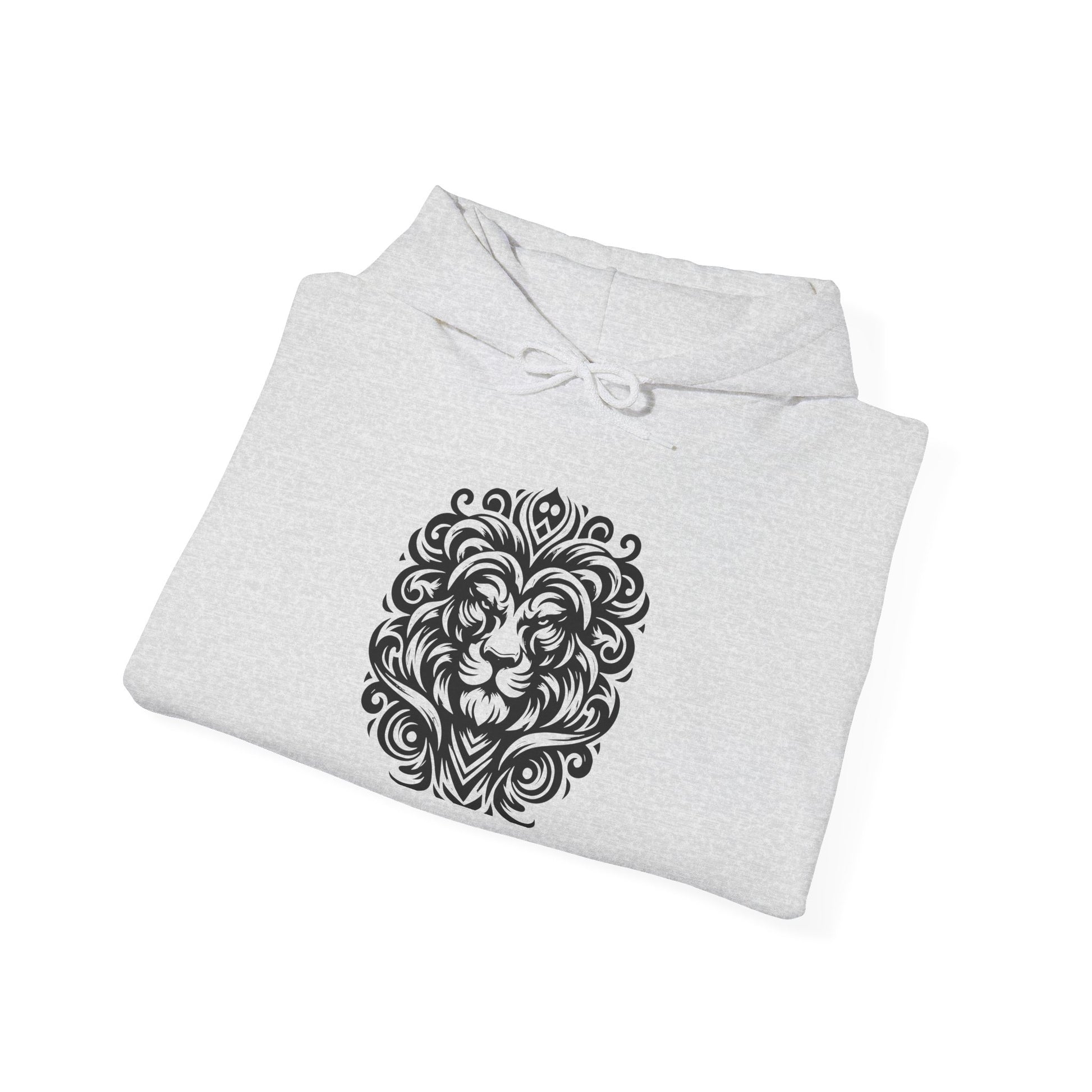 Majestic Tribal Lion Hoodie – Bold Strength in Black Ink Art