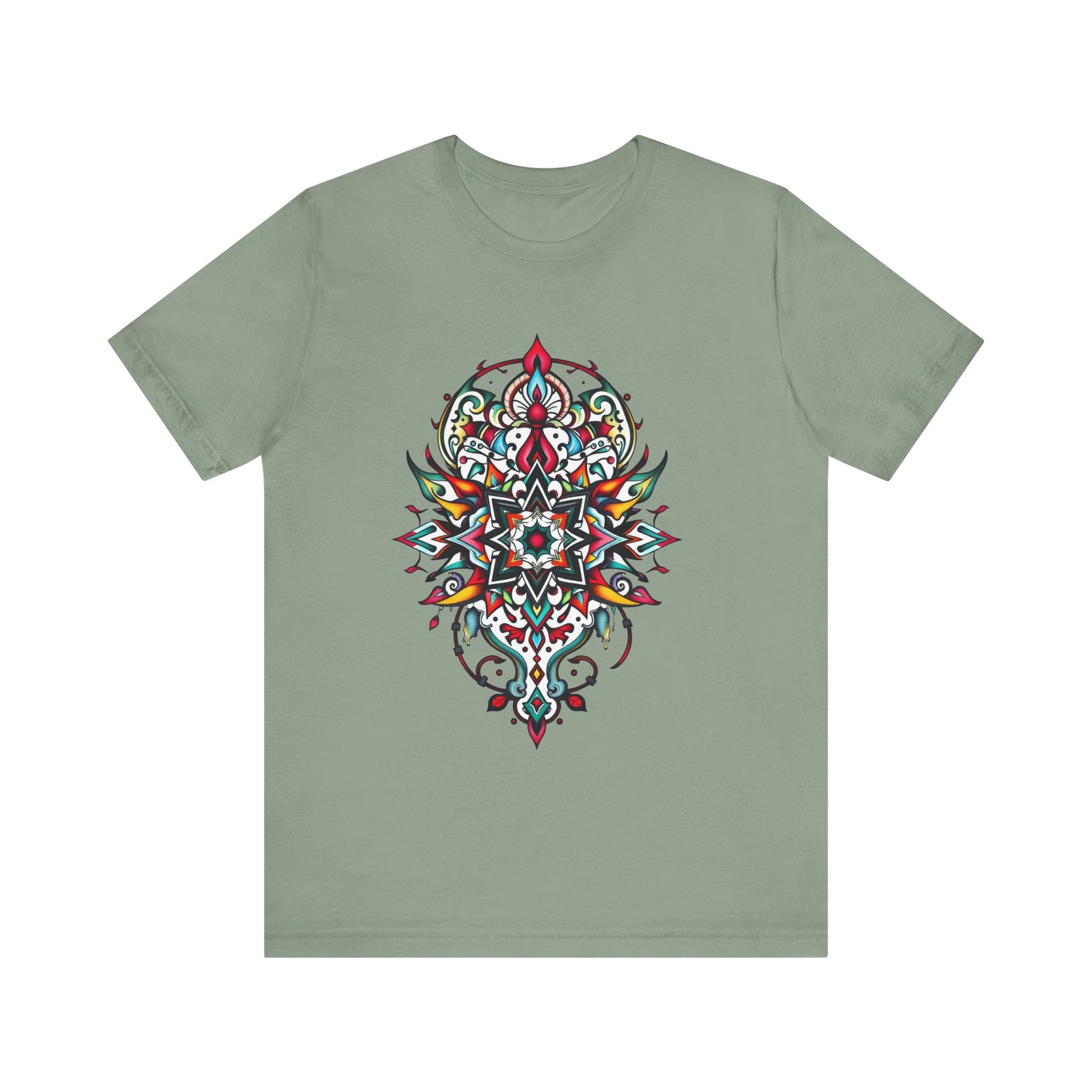 Bold tee featuring a vibrant, intricate mandala design, offered in multiple color options
