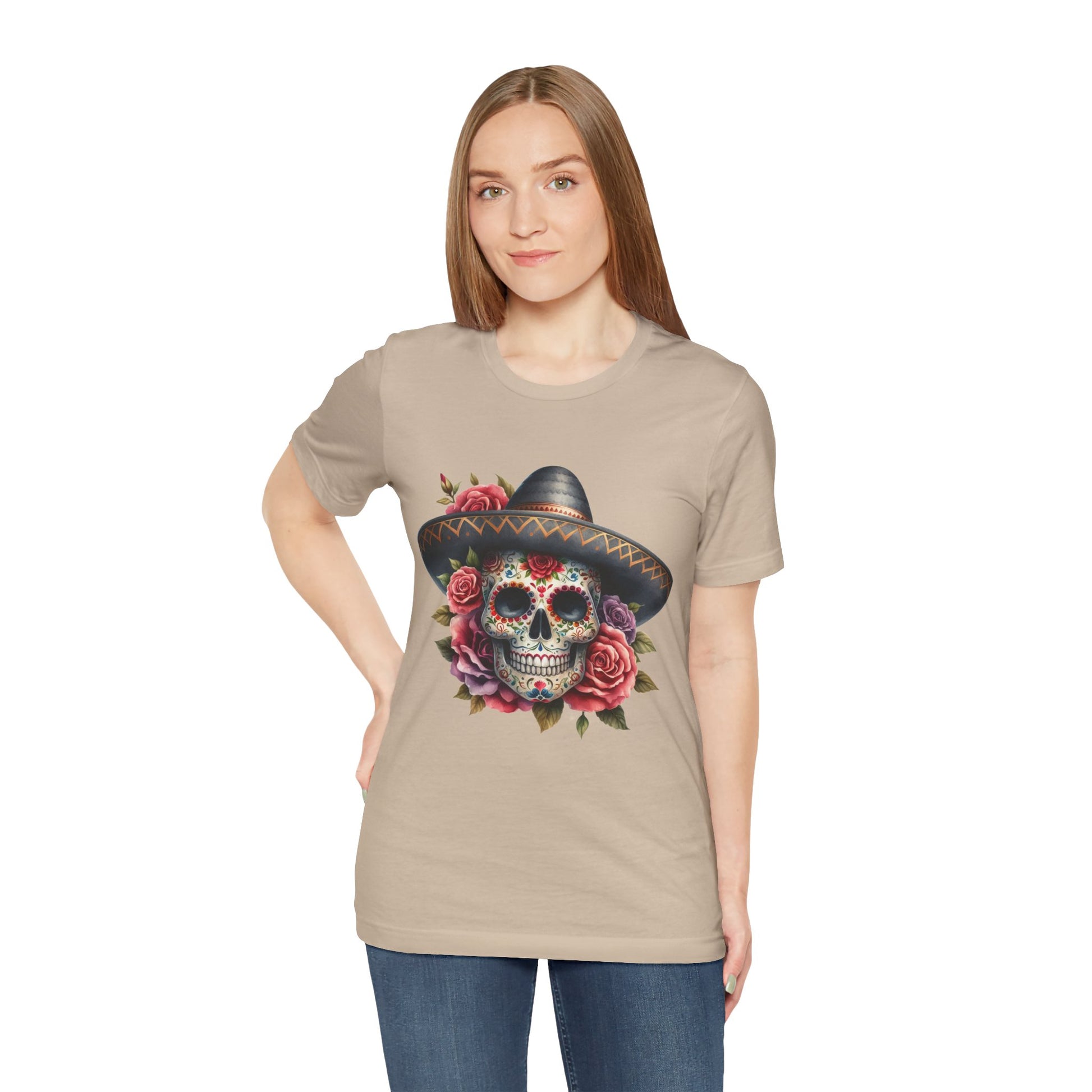 Colorful tee featuring a sugar skull in sombrero and roses for vibrant fiesta vibes