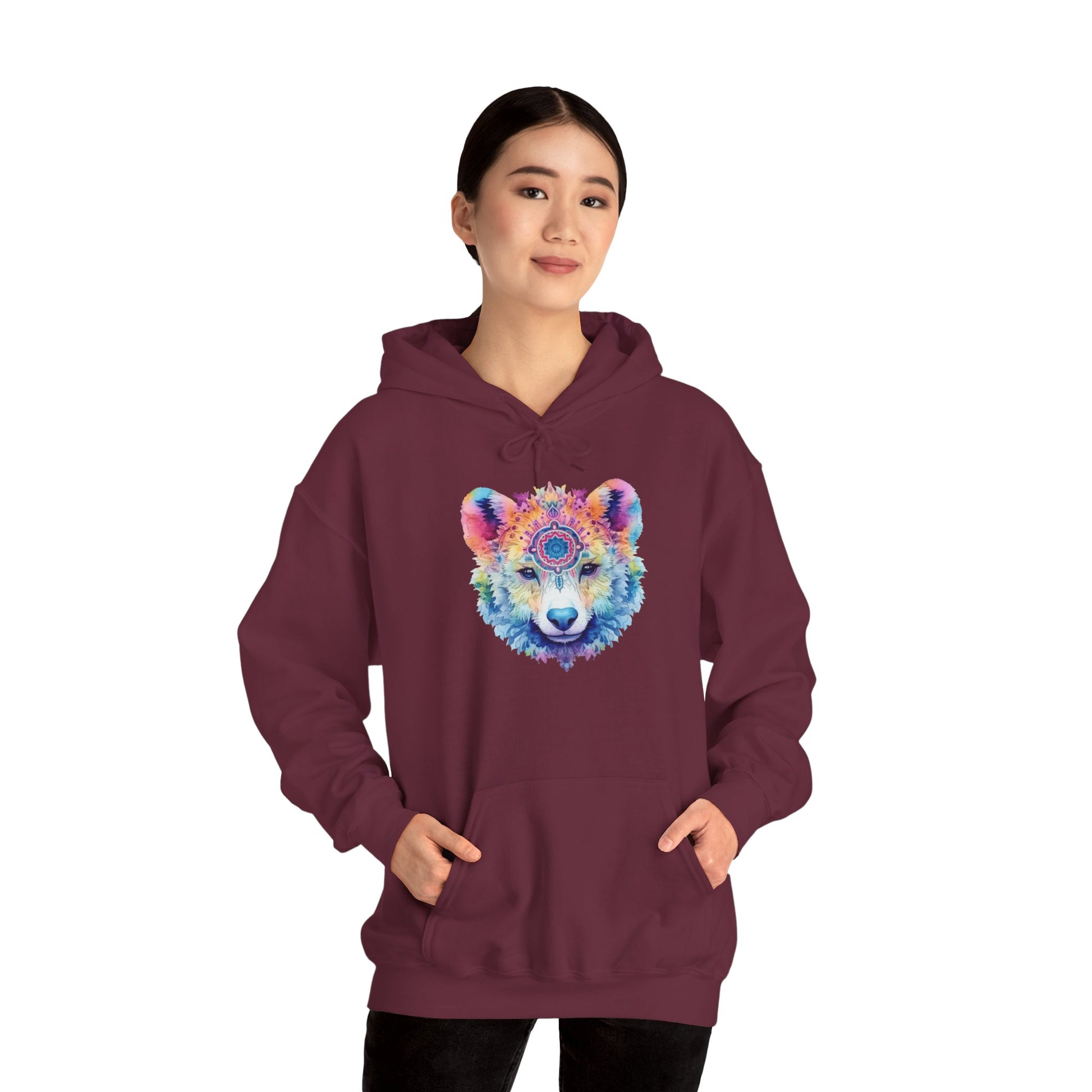 Mandala Bear Hoodie – Vibrant Watercolor Animal Art Sweatshirt for Bold, Free-Spirited Souls