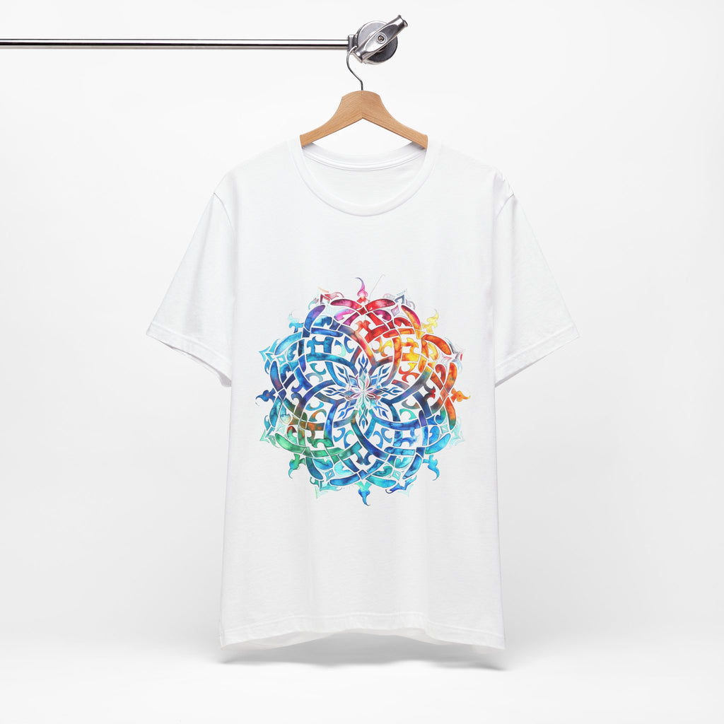 Artistic tee with a radiant rainbow mandala design, available in vibrant color options