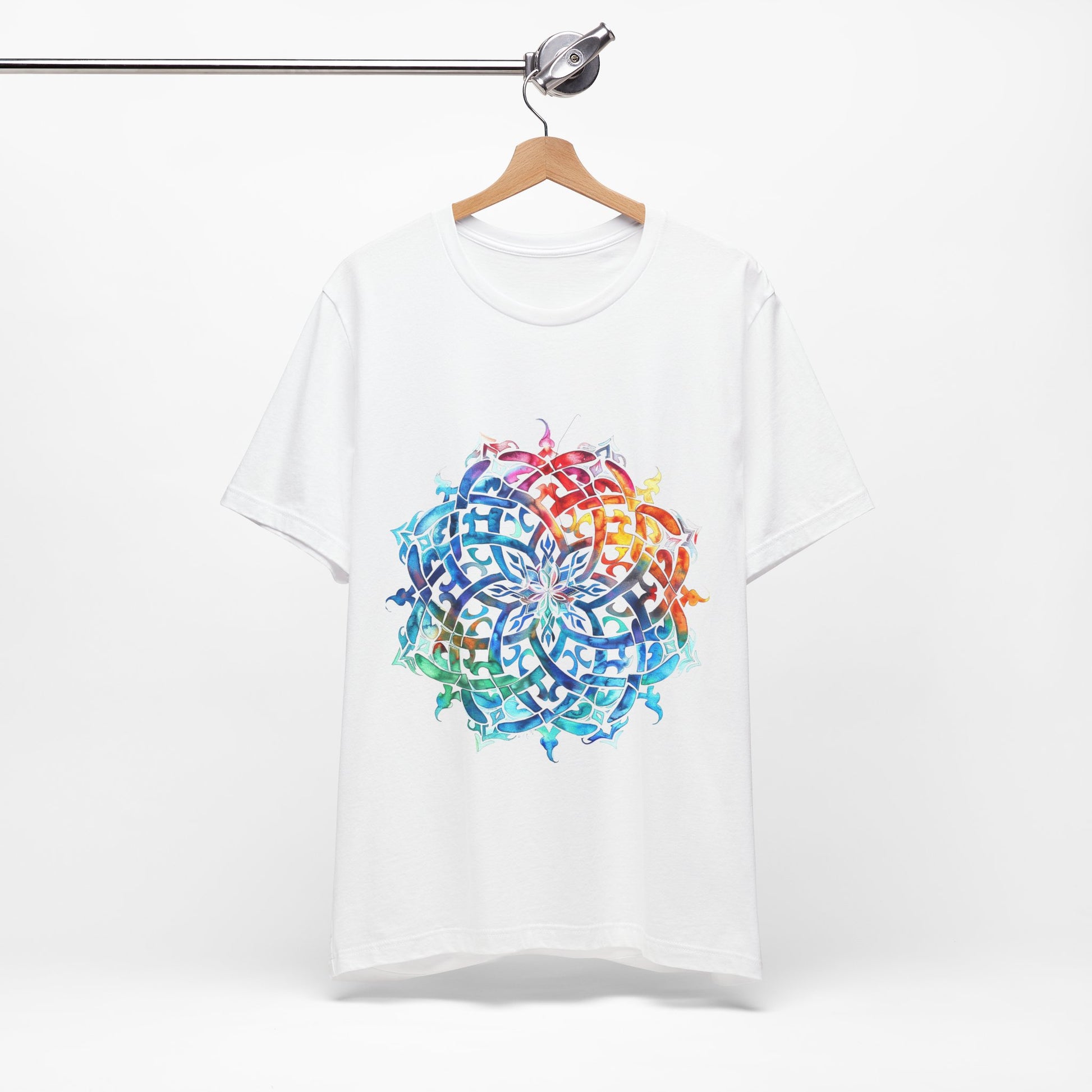 Artistic tee with a radiant rainbow mandala design, available in vibrant color options