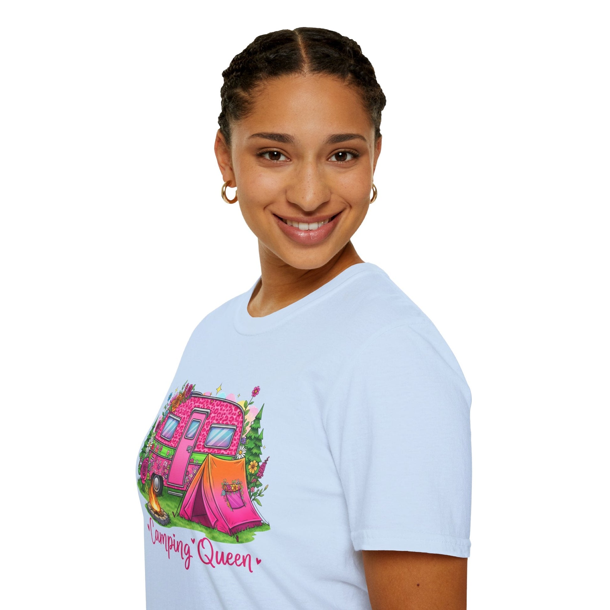Woman wearing white Camping Queen T-Shirt with colorful camper and tent graphic design