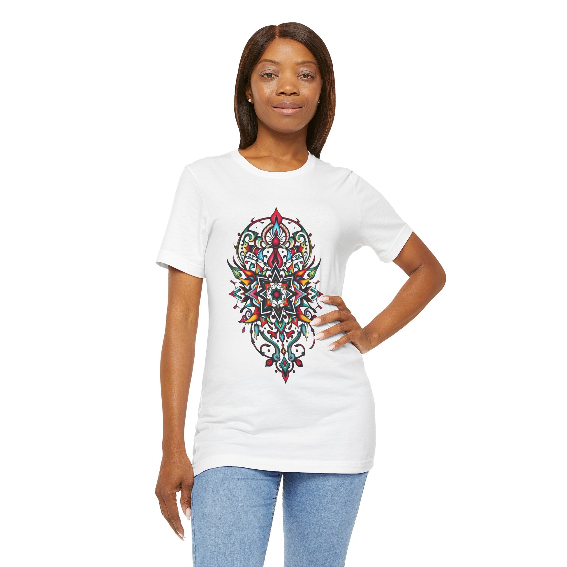 Bold tee featuring a vibrant, intricate mandala design, offered in multiple color options
