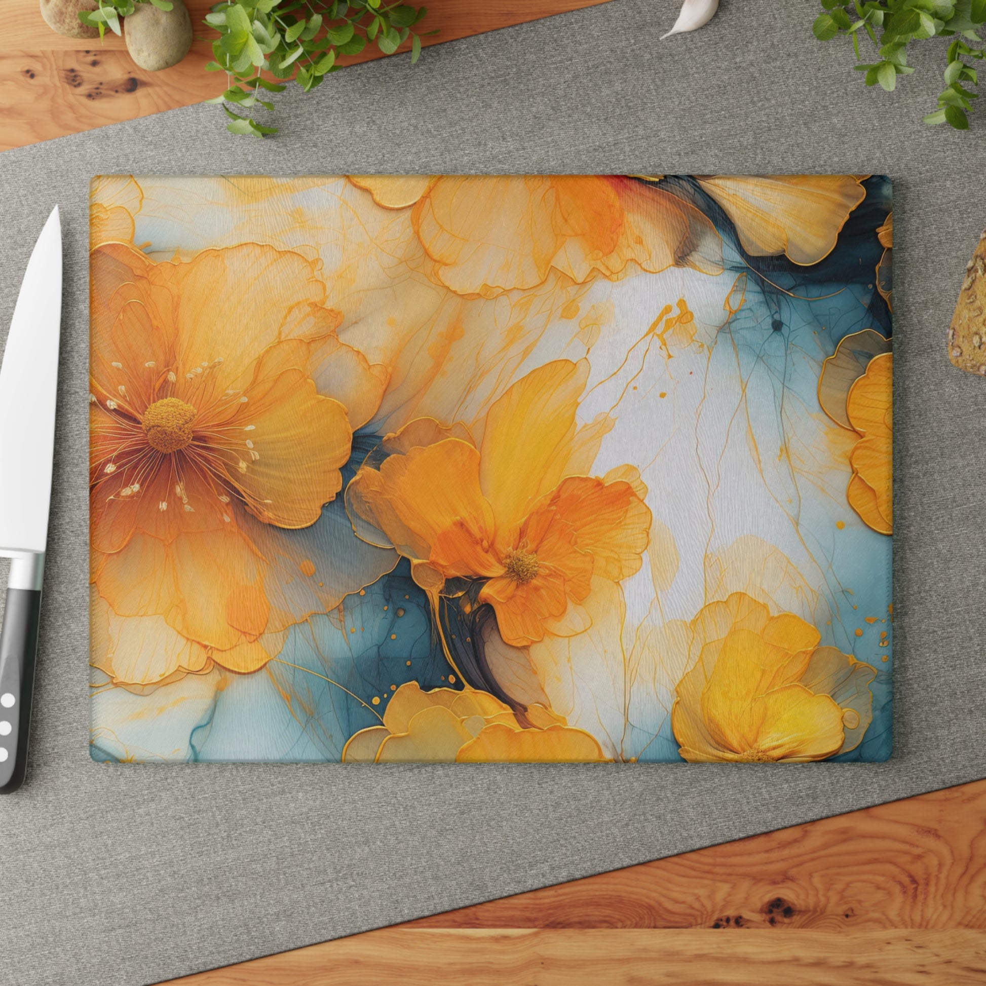 Vibrant Yellow Floral Glass Cutting Board with Blue Accents