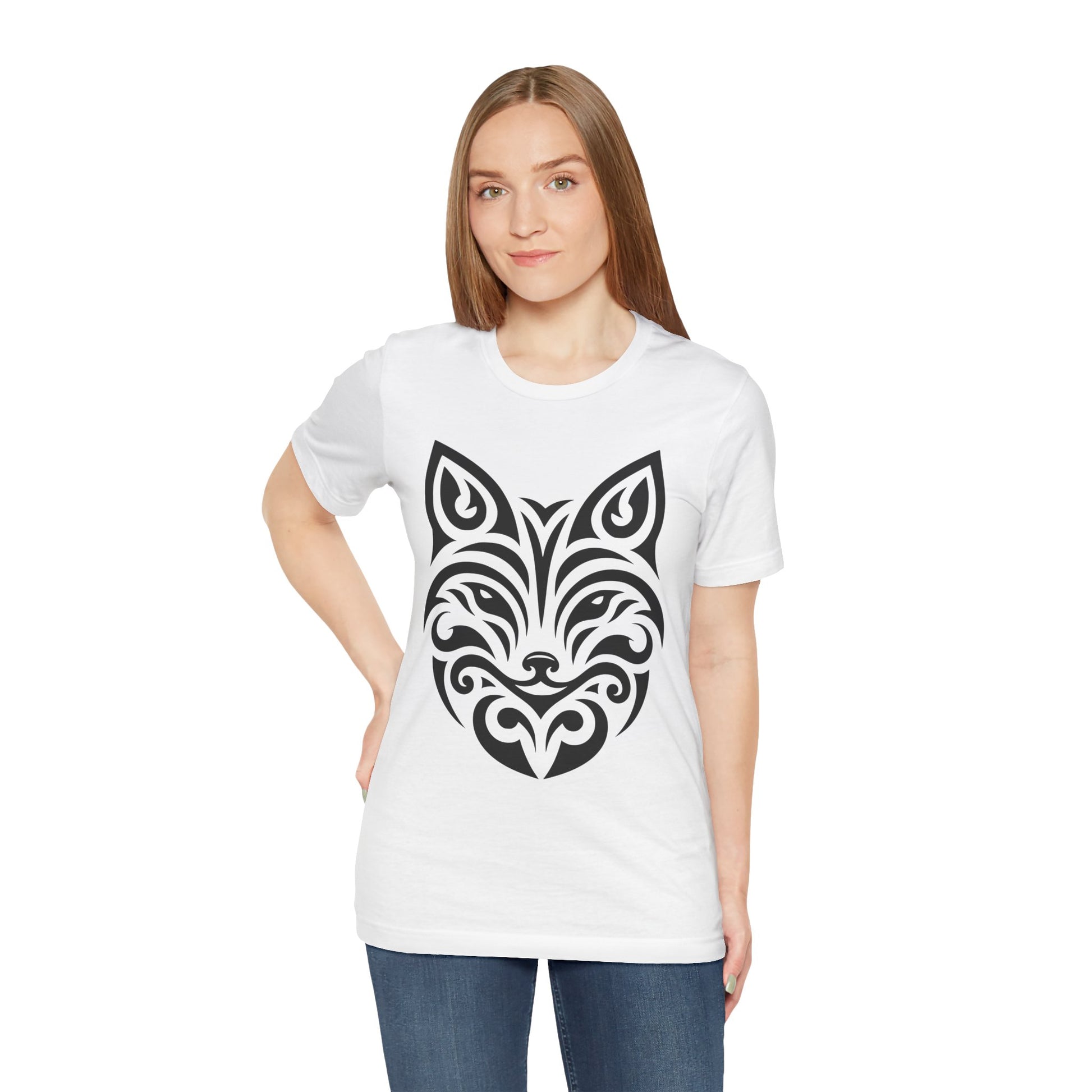 Sleek tee with a bold black tribal fox design, offered in multiple color choices