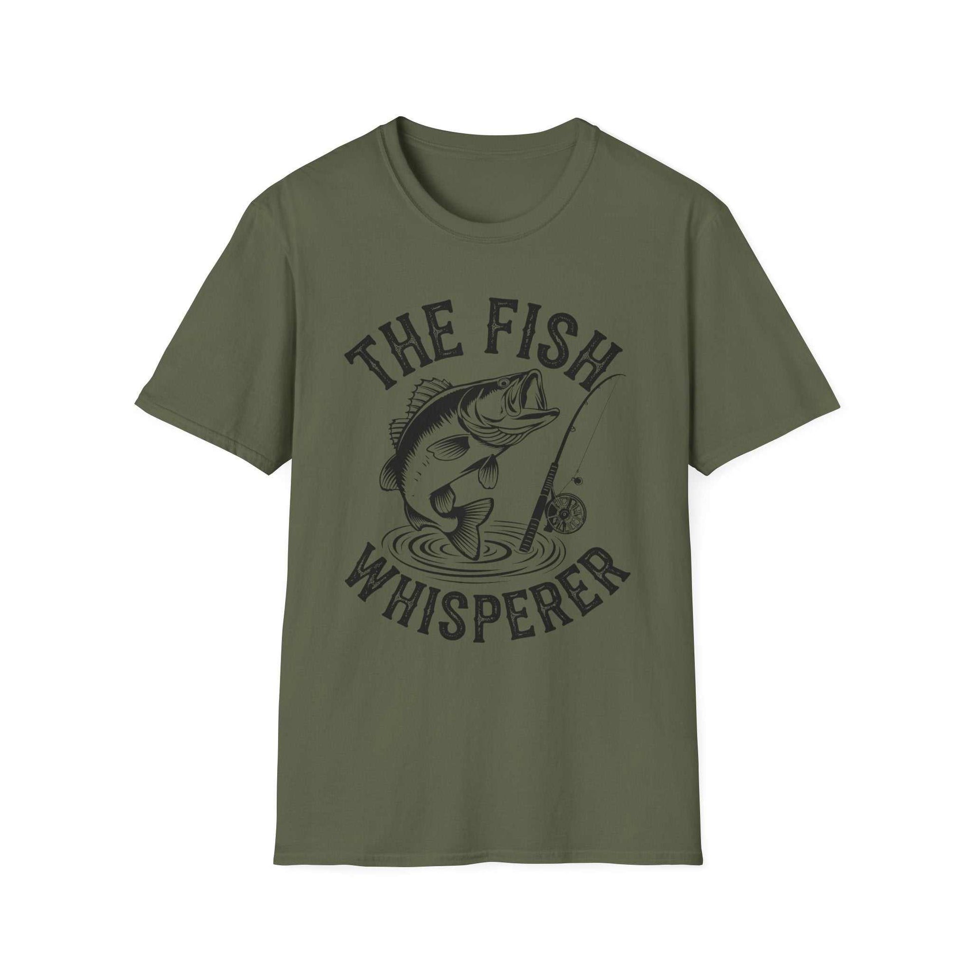 Unisex olive green softstyle T-shirt with "The Fish Whisperer" fishing graphic and text design