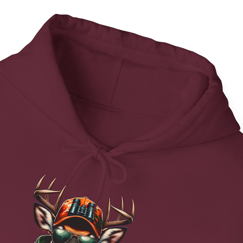 Burgundy hooded sweatshirt with bold deer head and binoculars design on front