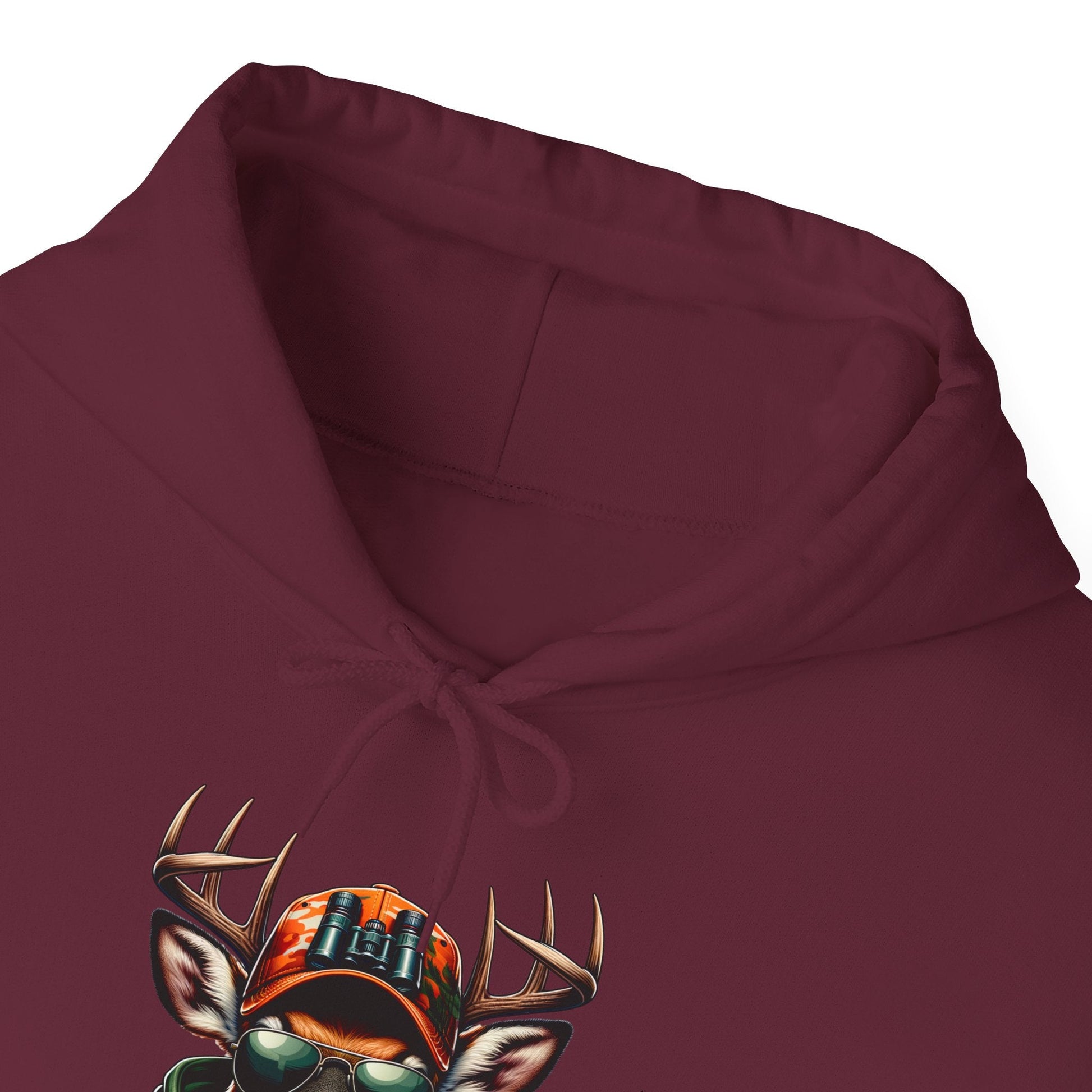 Burgundy hooded sweatshirt with bold deer head and binoculars design on front
