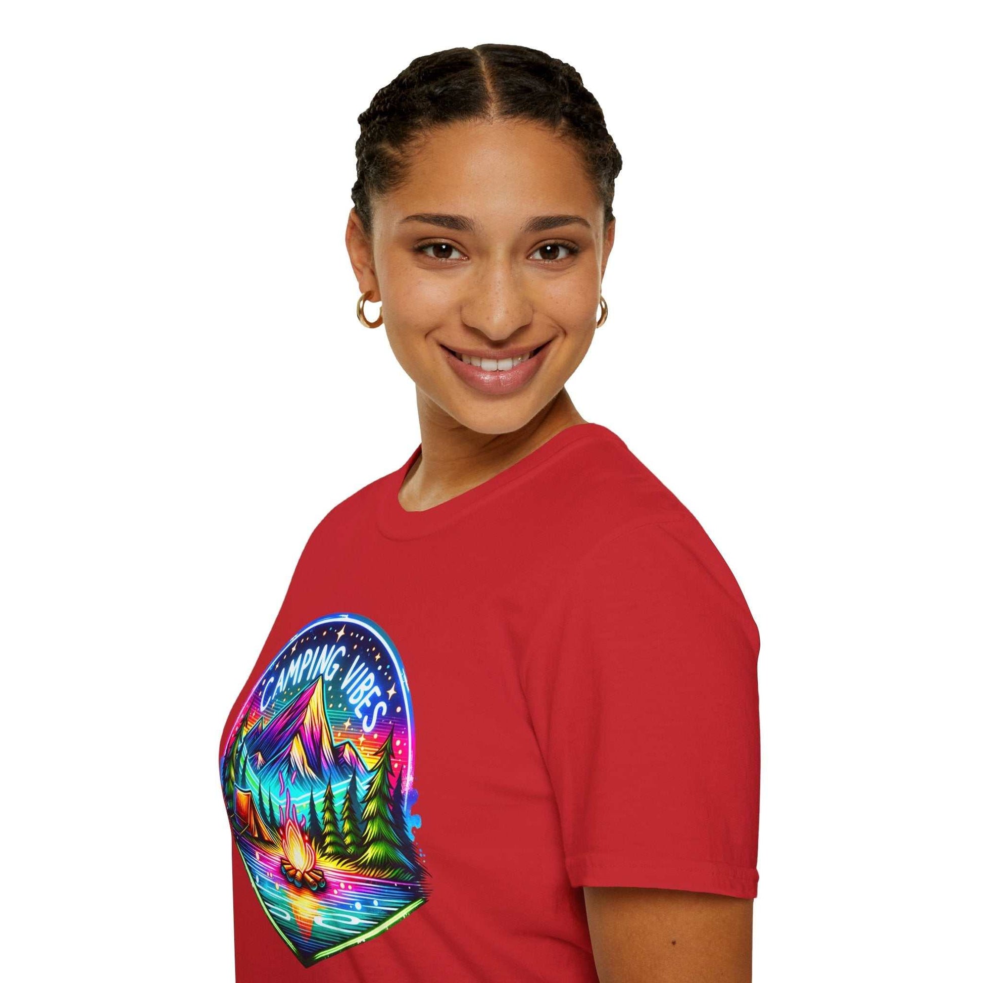Unisex softstyle red t-shirt featuring colorful camping vibes graphic with mountains and campfire, made of 100% ring-spun cotton.