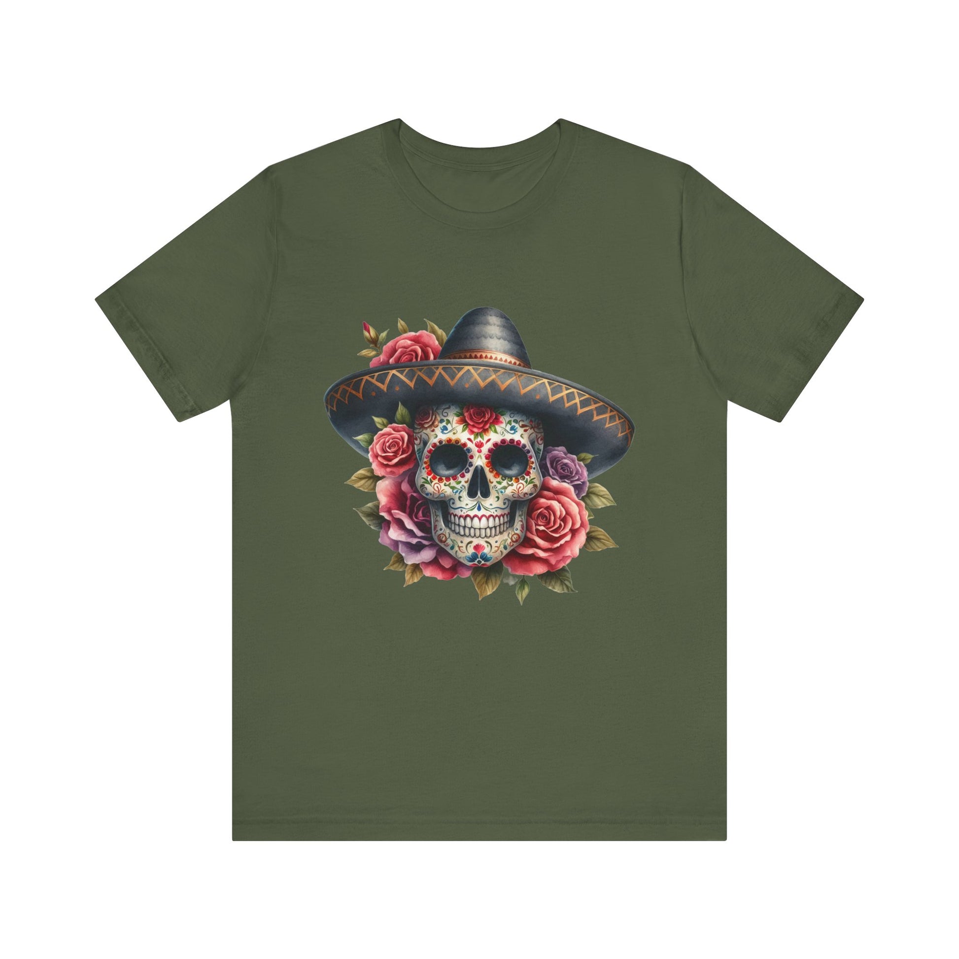 Colorful tee featuring a sugar skull in sombrero and roses for vibrant fiesta vibes