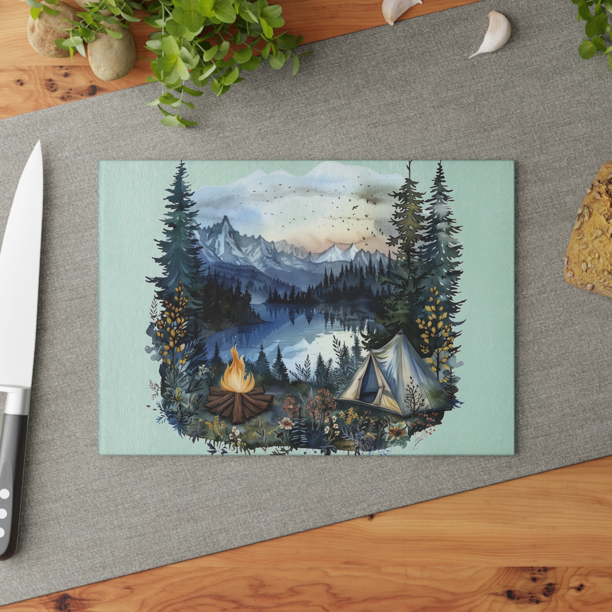 Blue Forest Campfire Cutting Board – Scenic Mountain Lake Kitchen Decor