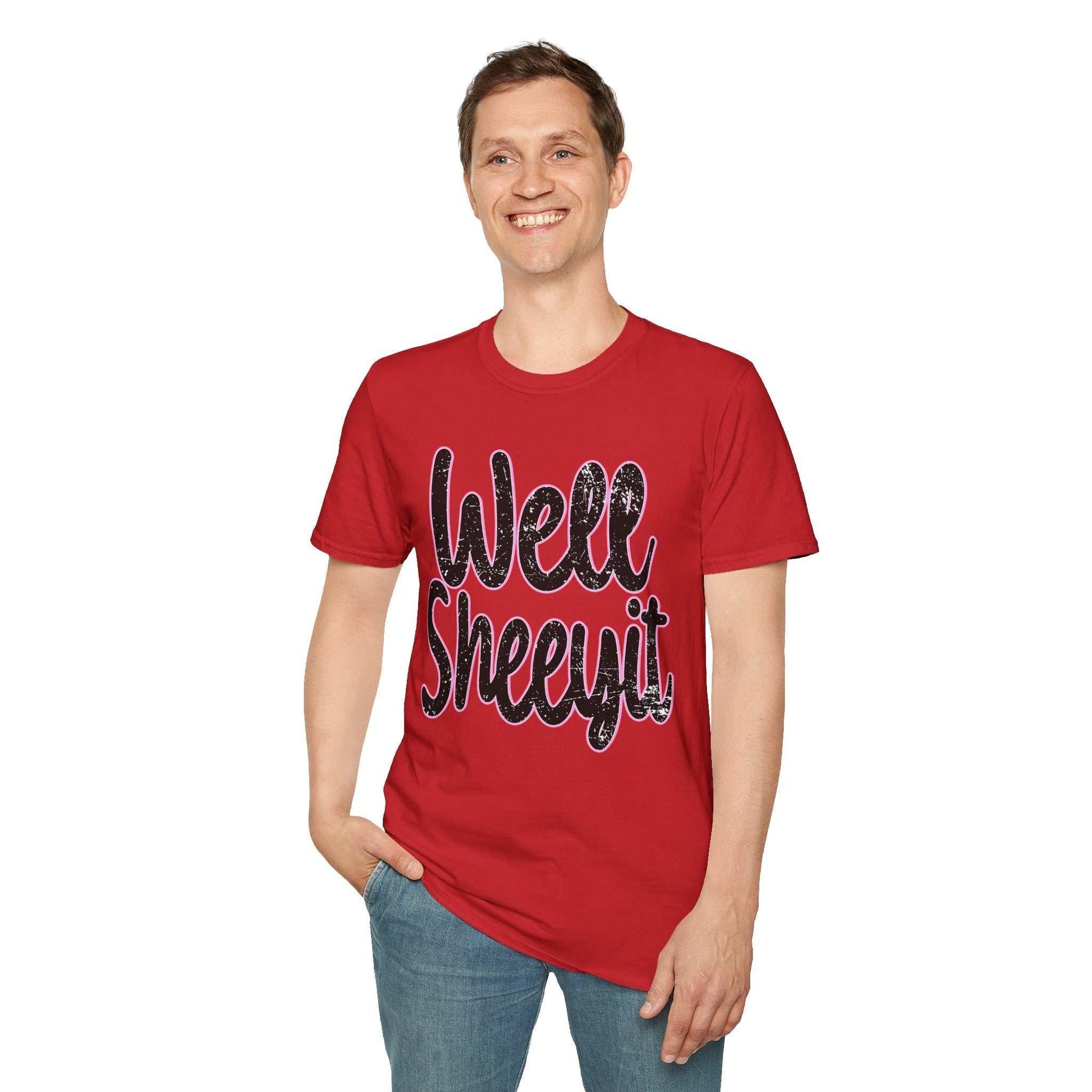 Man wearing red casual statement tee with "Well Sheeyit" funny quote printed on front