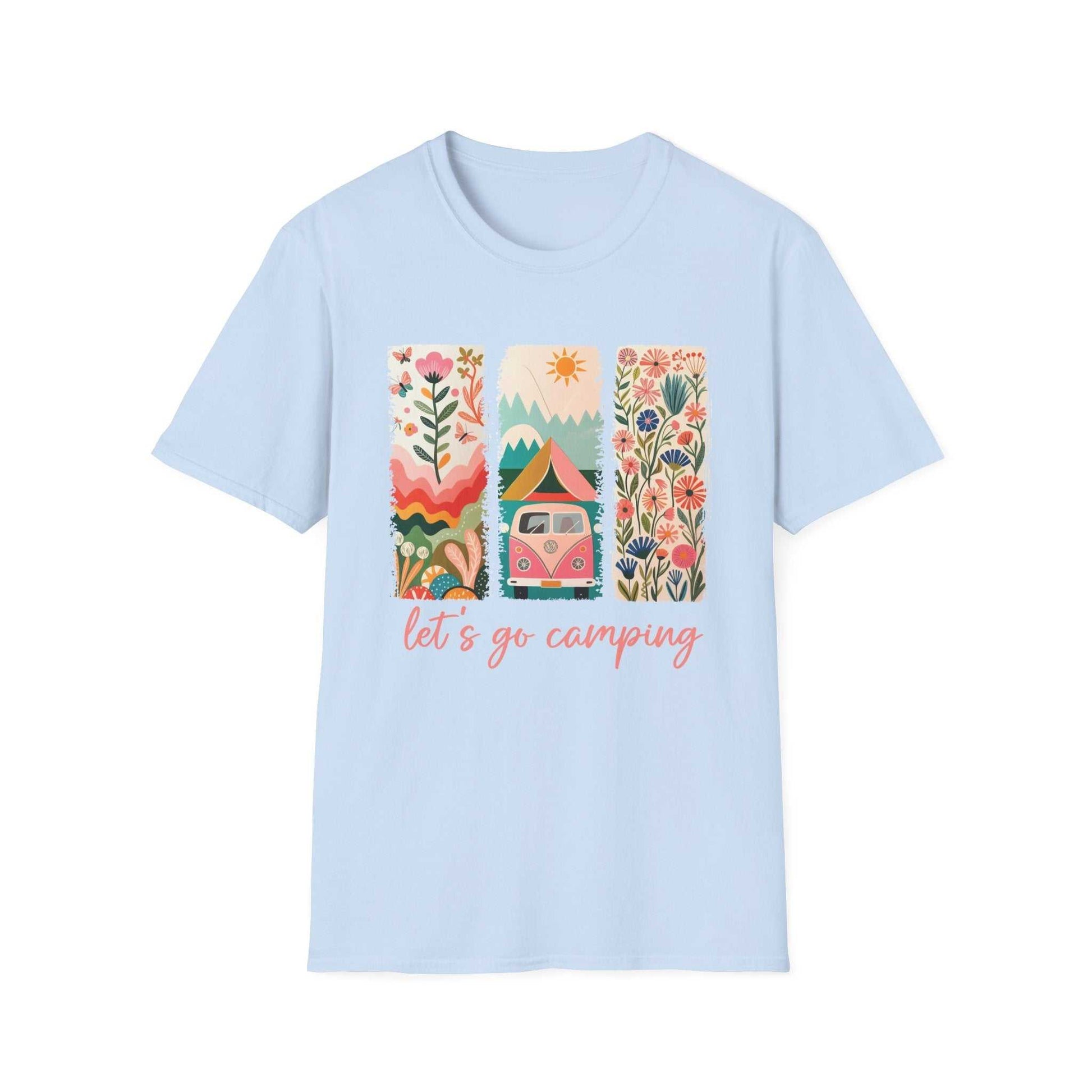 Light blue unisex t-shirt with colorful camping adventure design featuring flowers, mountains, and a camper van with "let's go camping" text.