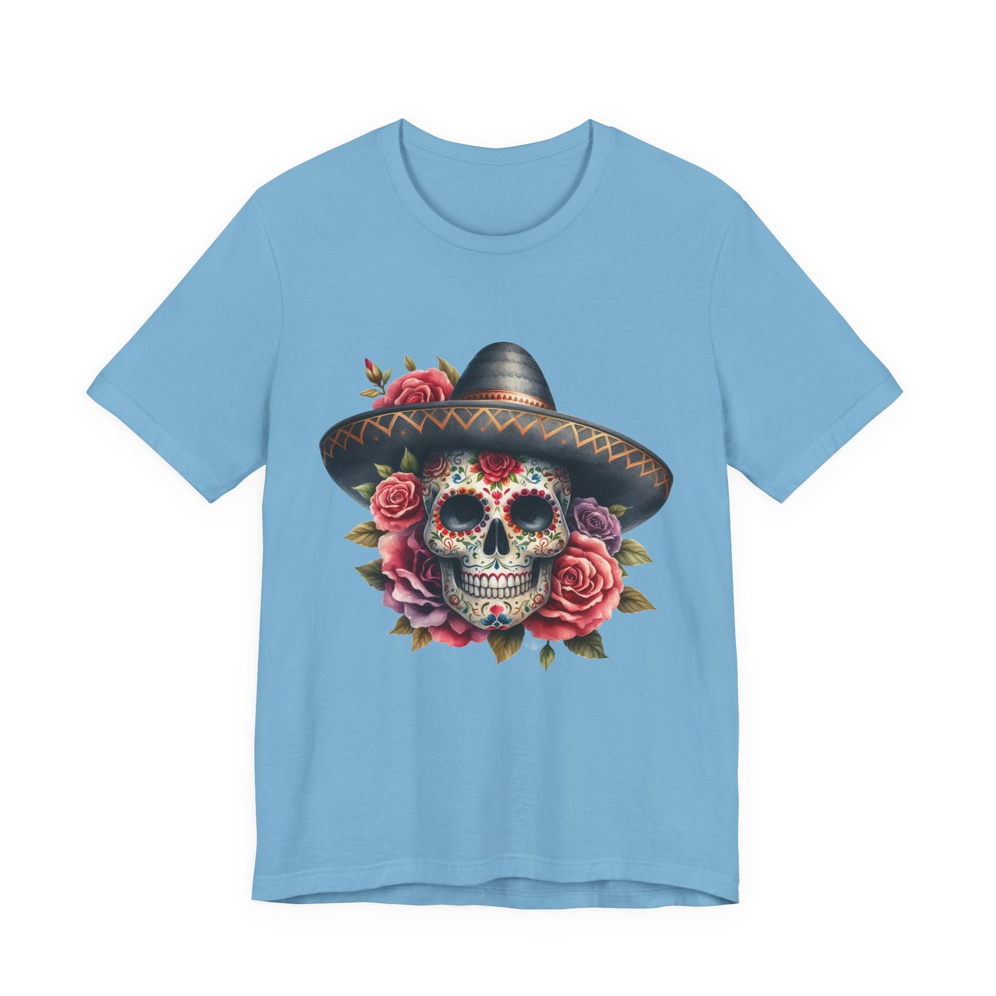 Colorful tee featuring a sugar skull in sombrero and roses for vibrant fiesta vibes