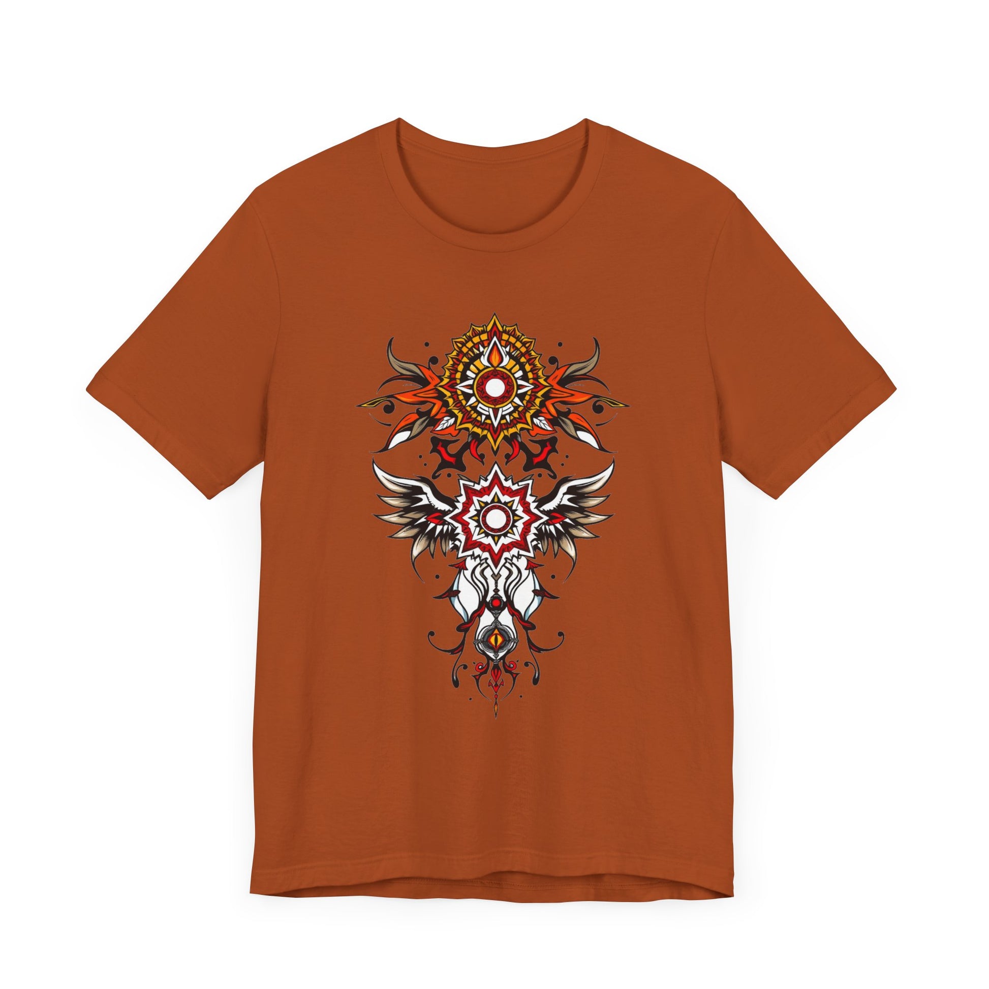 Turn heads in this tee, available in vibrant colors, showcasing a fiery red and gold tribal mandala for bold, artistic style
