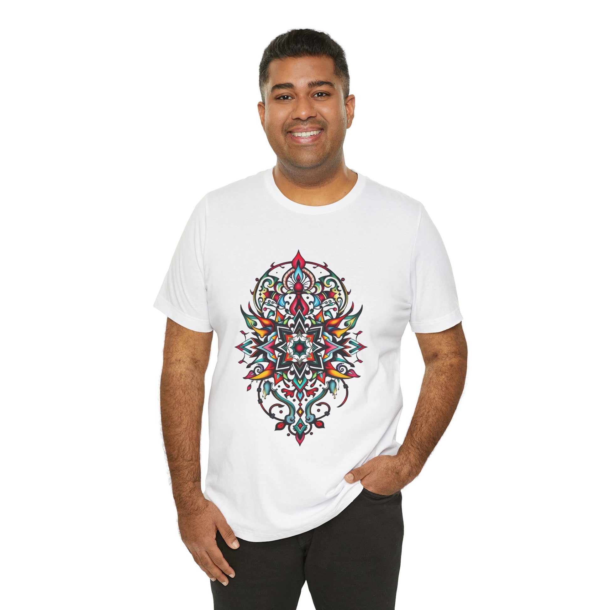 Bold tee featuring a vibrant, intricate mandala design, offered in multiple color options