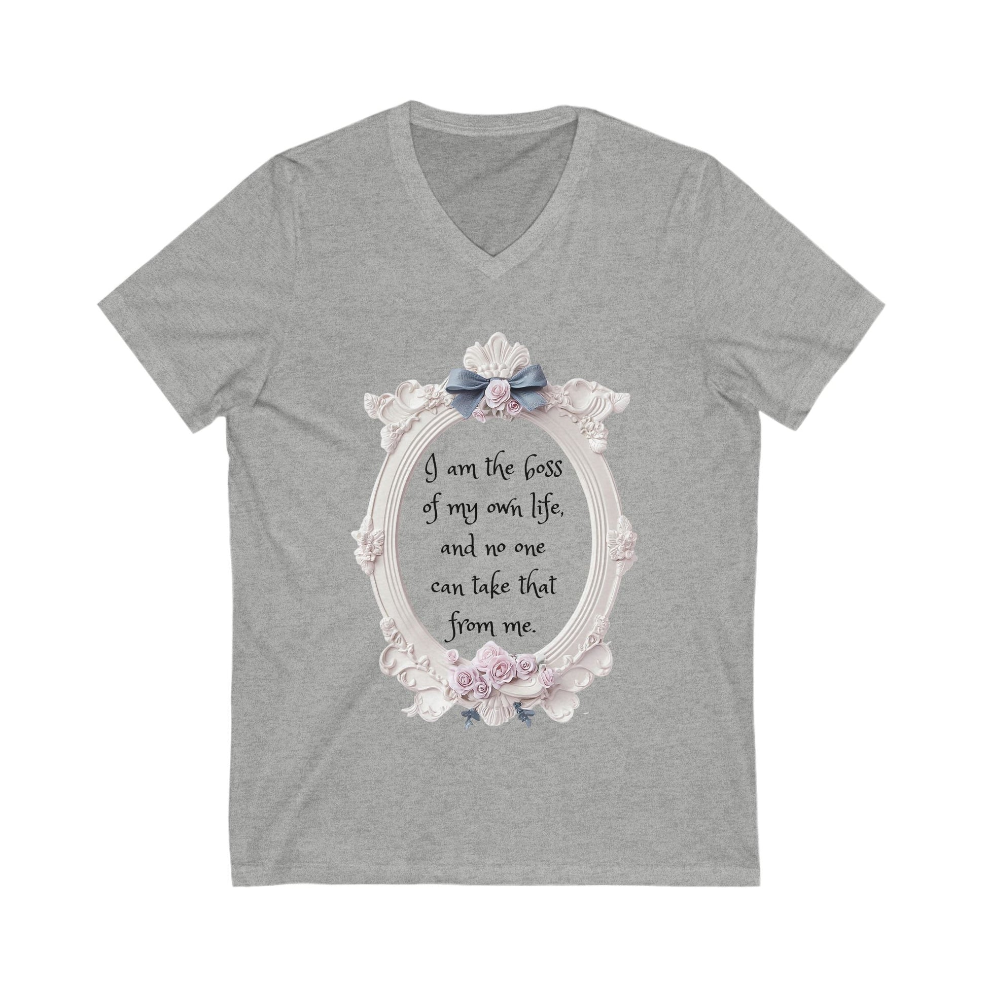 Gray Empowered V-Neck Tee with floral frame and motivational quote "I am the boss of my own life" printed on front