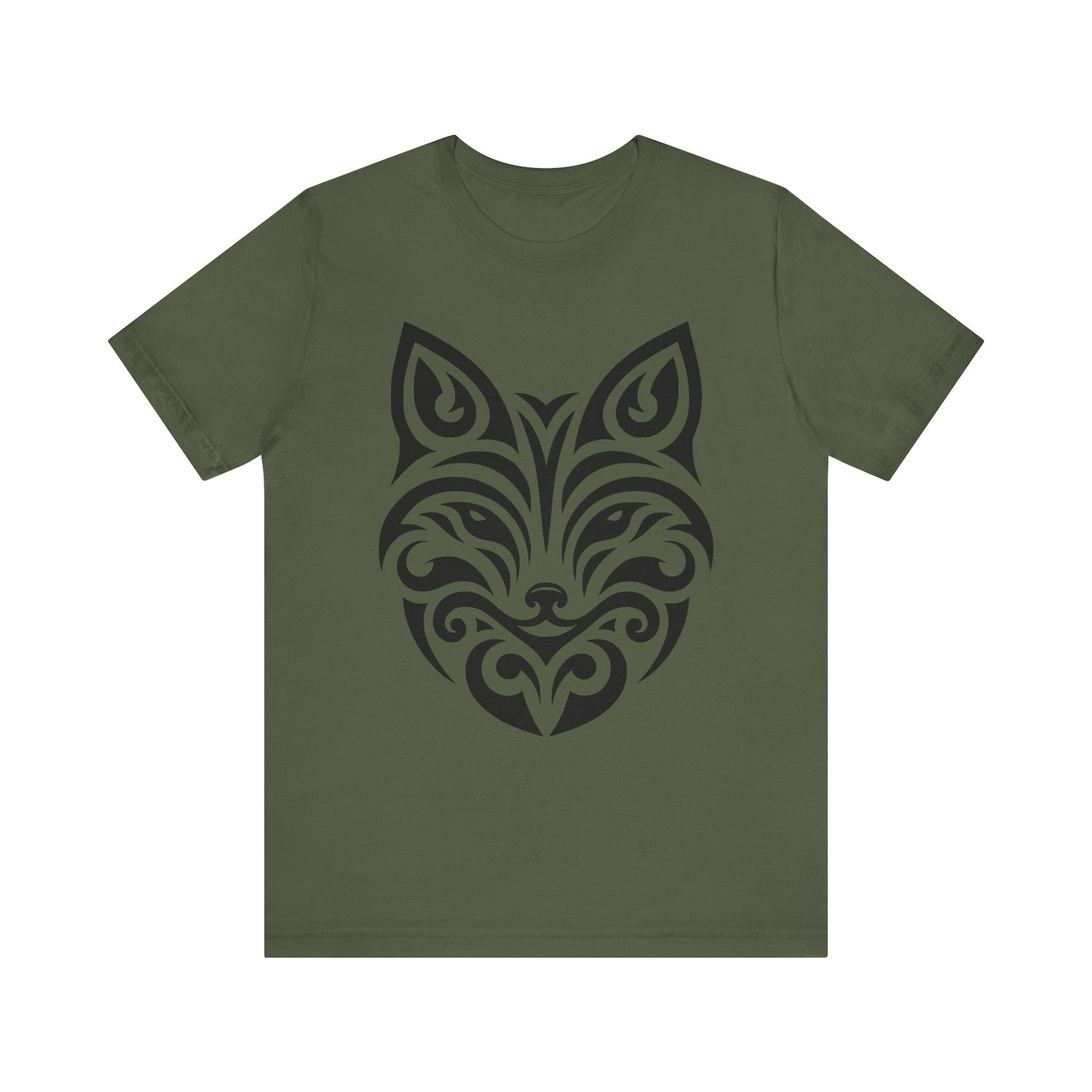 Sleek tee with a bold black tribal fox design, offered in multiple color choices