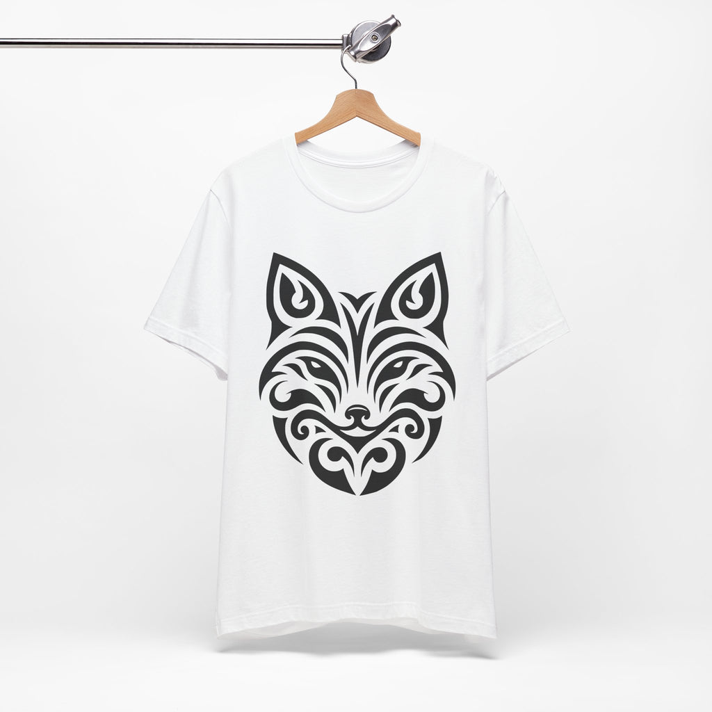 Sleek tee with a bold black tribal fox design, offered in multiple color choices