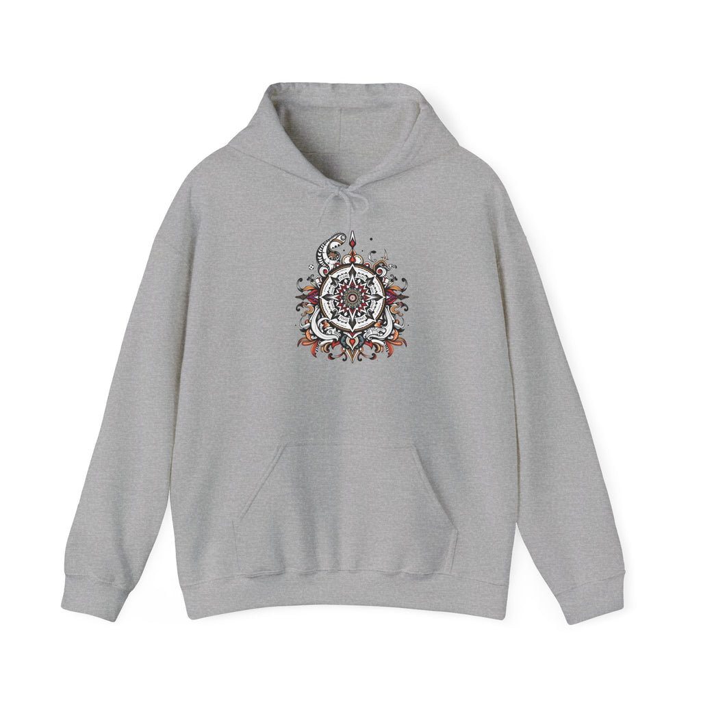 Cozy hoodie featuring a striking black, red, and white mandala, offered in vibrant color choices