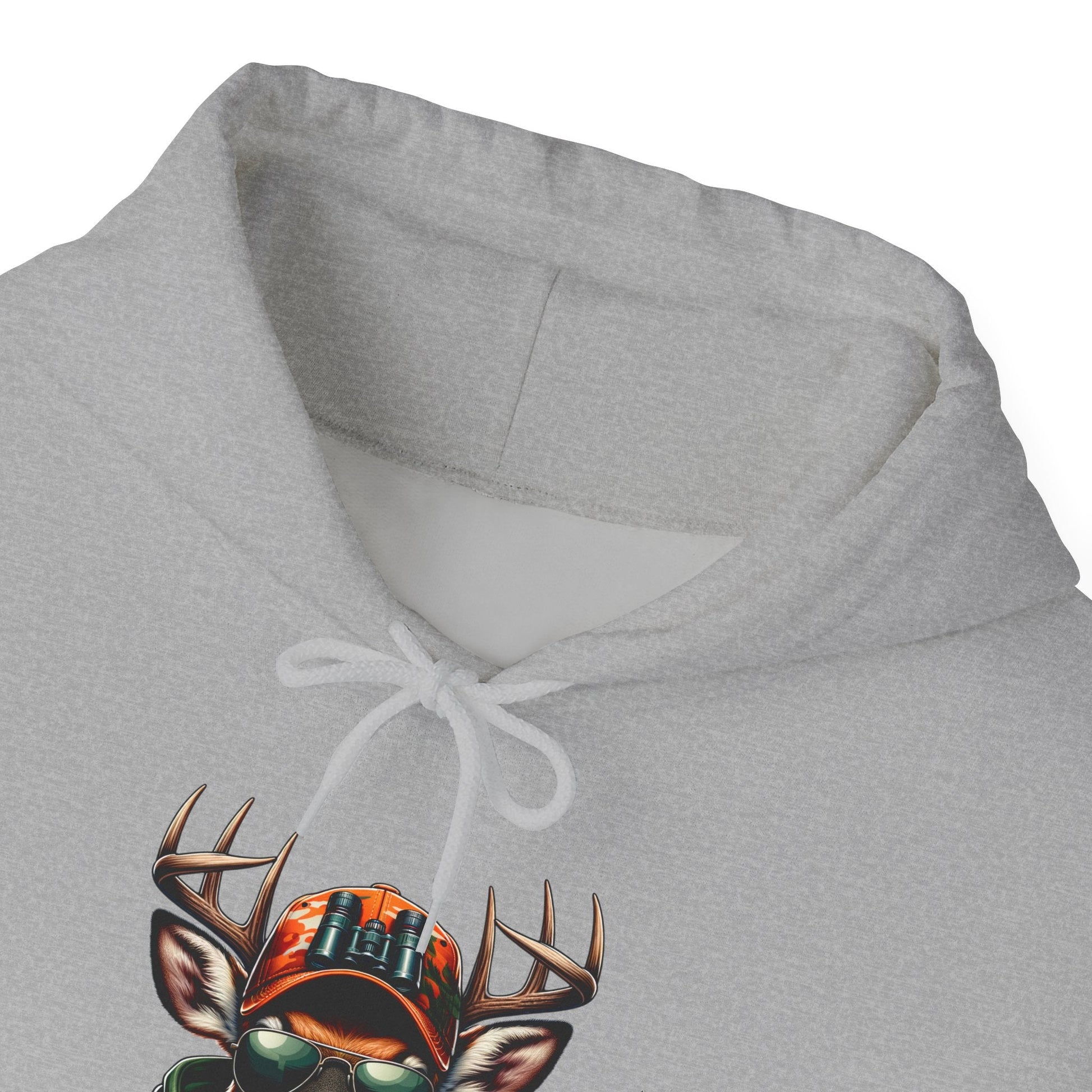 Grey hooded sweatshirt with bold deer design and adjustable drawstring hood